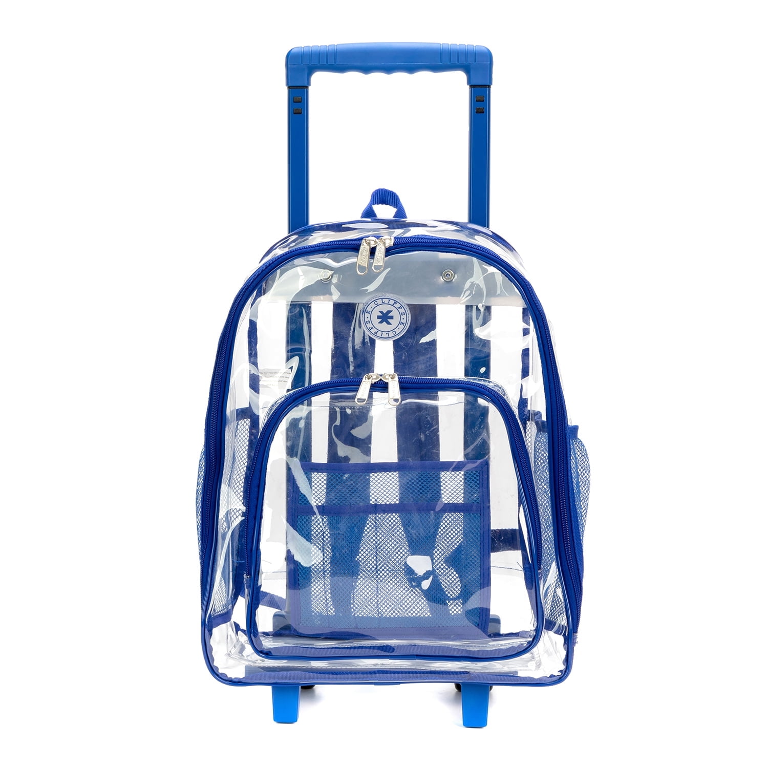 K-Cliffs Large Rolling Clear Backpack Heavy Duty Bookbag See-thru Daypack School Luggage with Wheels, Unisex, Teen-Adult, Royal Blue