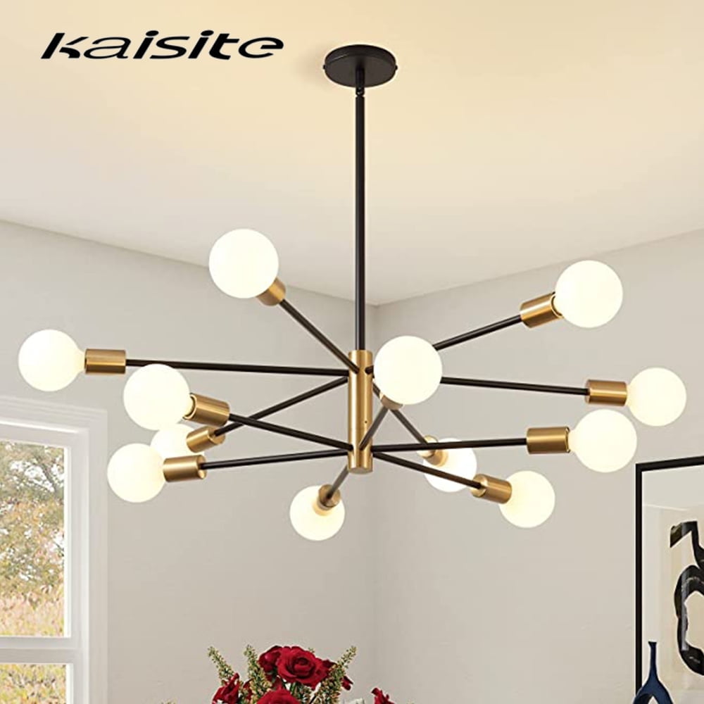 Kaisite 12-Light Sputnik Chandelier, Adjustable Black & Gold, Modern Dining Room Light