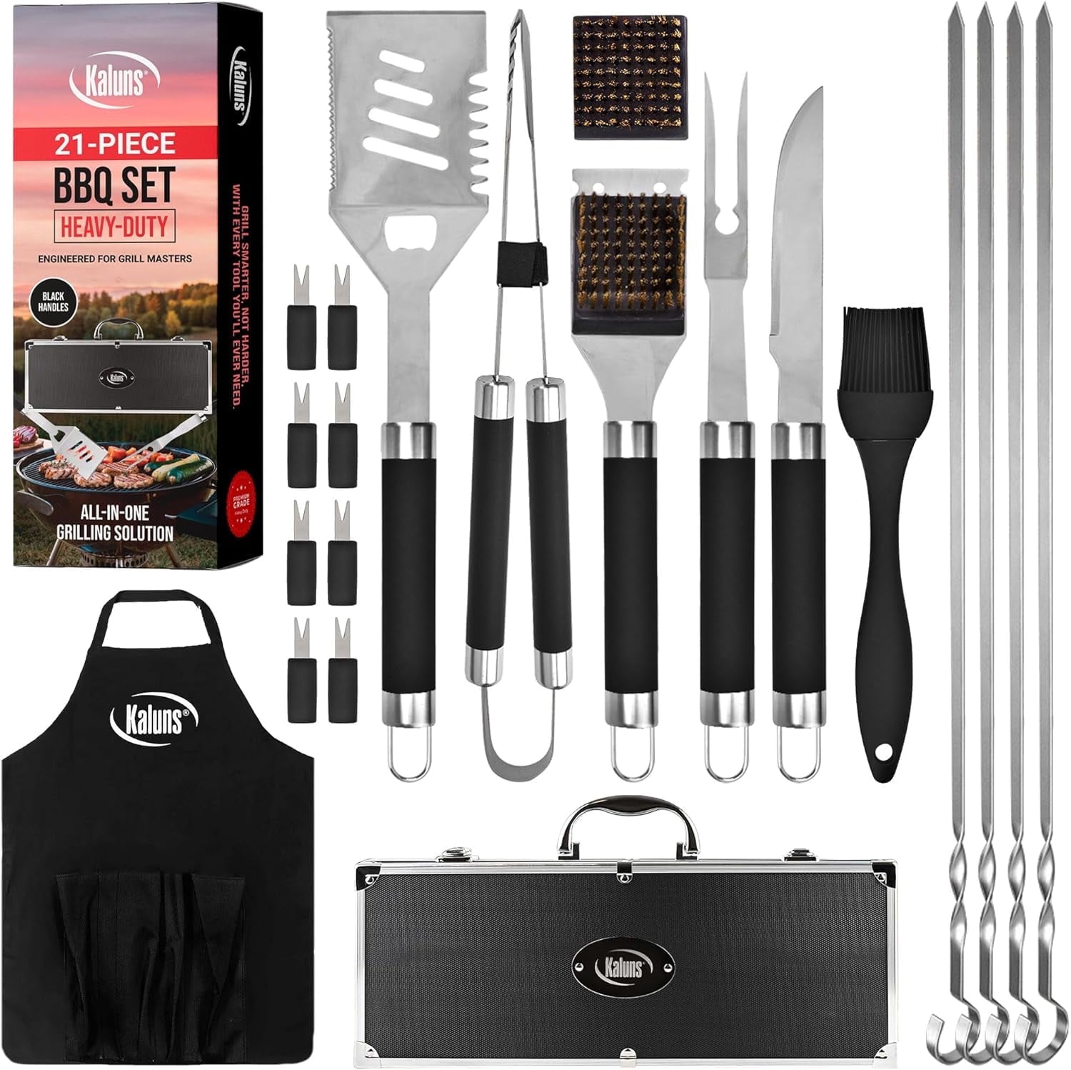 Kaluns 21 Pcs BBQ Tools Grill Accessories Set with Case & Apron – Heavy Duty Stainless Steel Grill Set and BBQ Utensils for Grilling Gifts for Men
