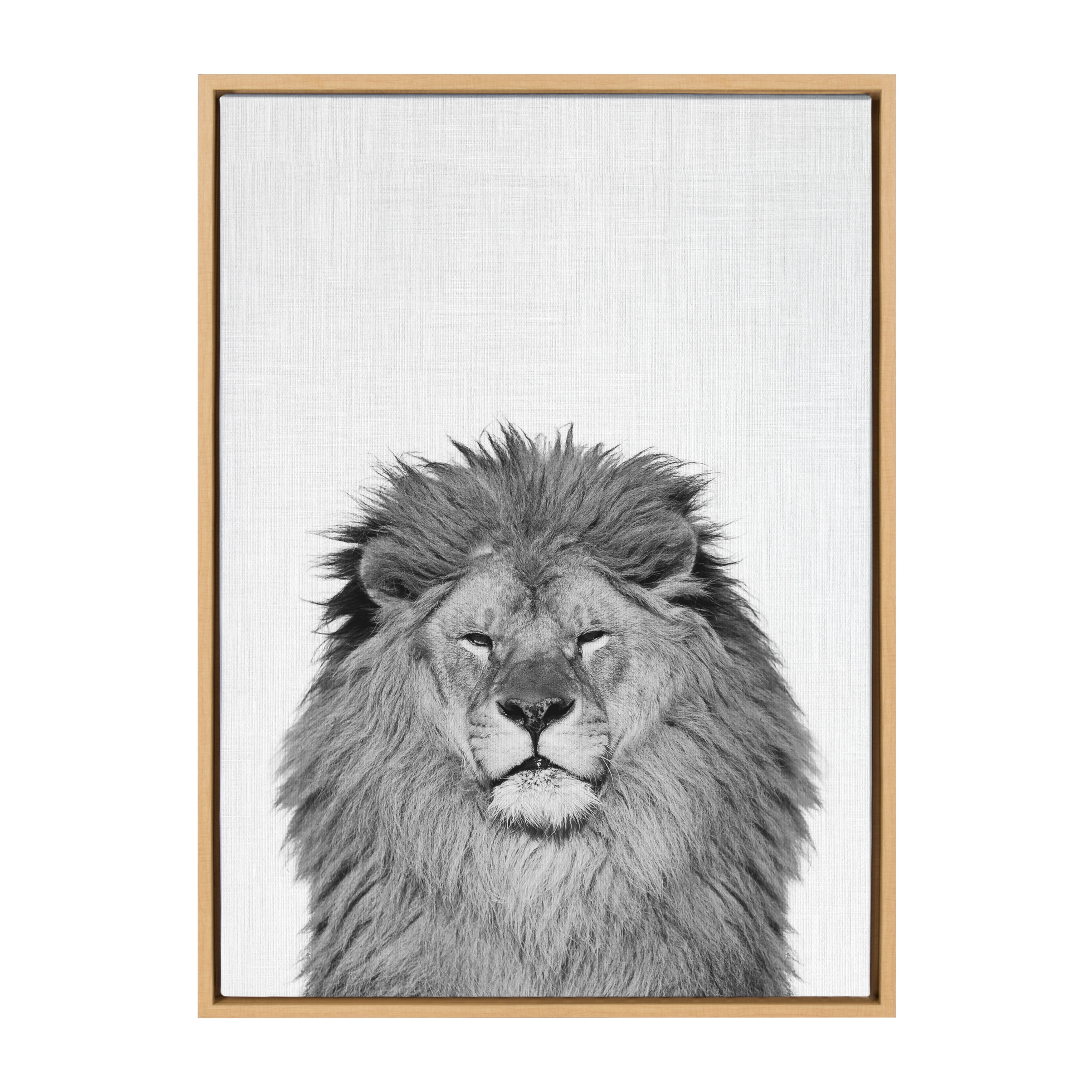 Kate and Laurel Sylvie Lion Animal Print Black and White Portrait Framed Canvas Wall Art by Simon Te Tai, 23x33 Natural