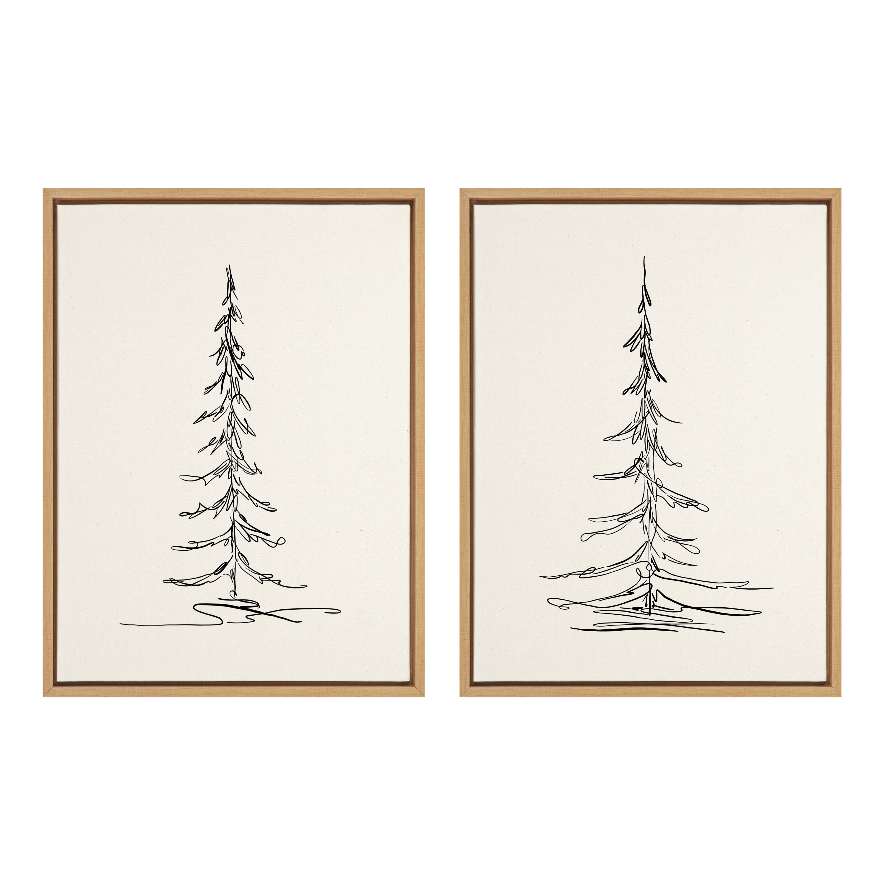 Kate and Laurel Sylvie Minimalist Evergreen Trees Framed Linen Textured Canvas Wall Art by The Creative Bunch Studio, Set of 2, 18x24 Natural, Modern Nature Art for Wall