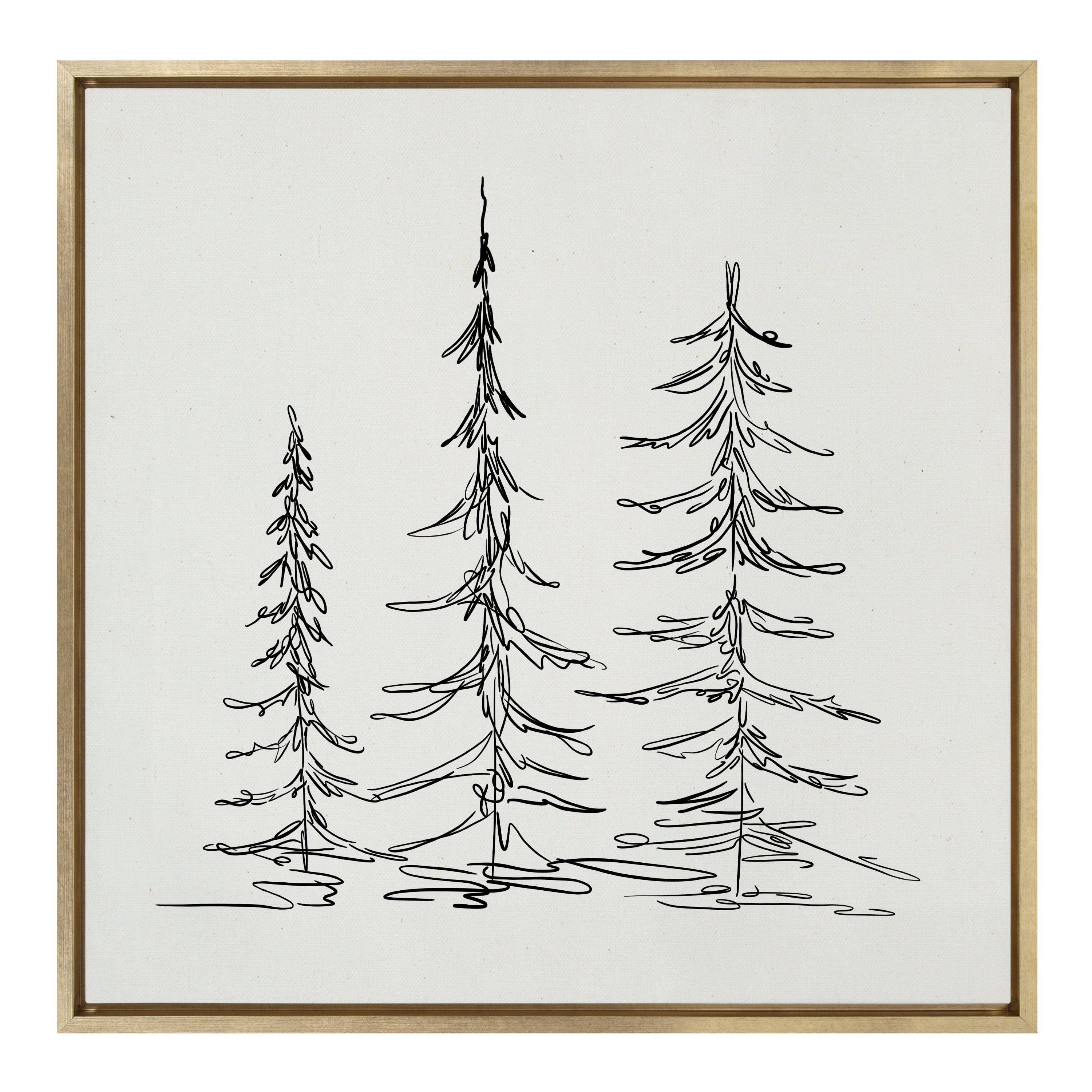 Kate and Laurel Sylvie Minimalist Evergreen Trees Sketch Framed Linen Textured Canvas Wall Art by The Creative Bunch Studio, 30x30 Gold, Chic Modern Art for Wall