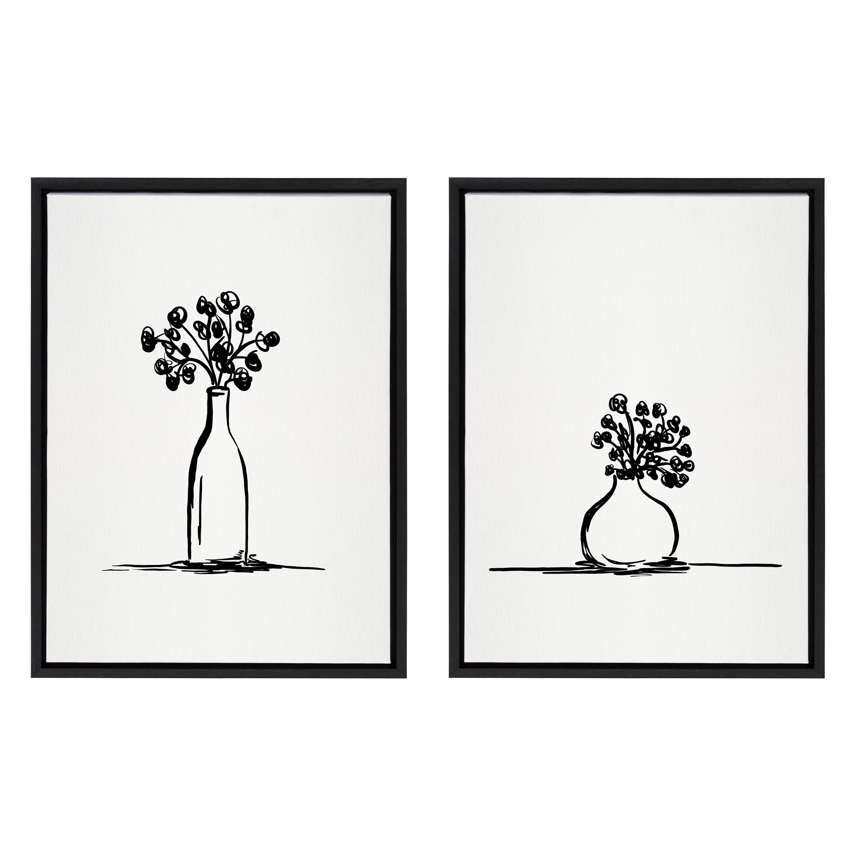 Kate and Laurel Sylvie Still Life Sketched Botanical Flower Vase Framed Canvas Wall Art Set by The Creative Bunch Studio, 2 Piece 18x24 Black, Chic Moden Farmhouse art for Wall