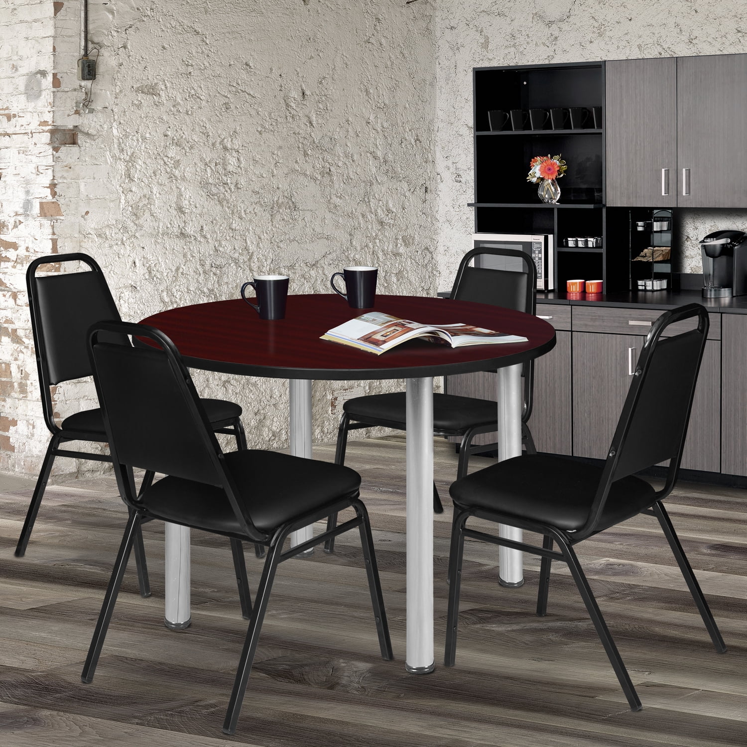 Regency Kee 48 in. Large Round Breakroom Table- Mahogany Top, Chrome Legs