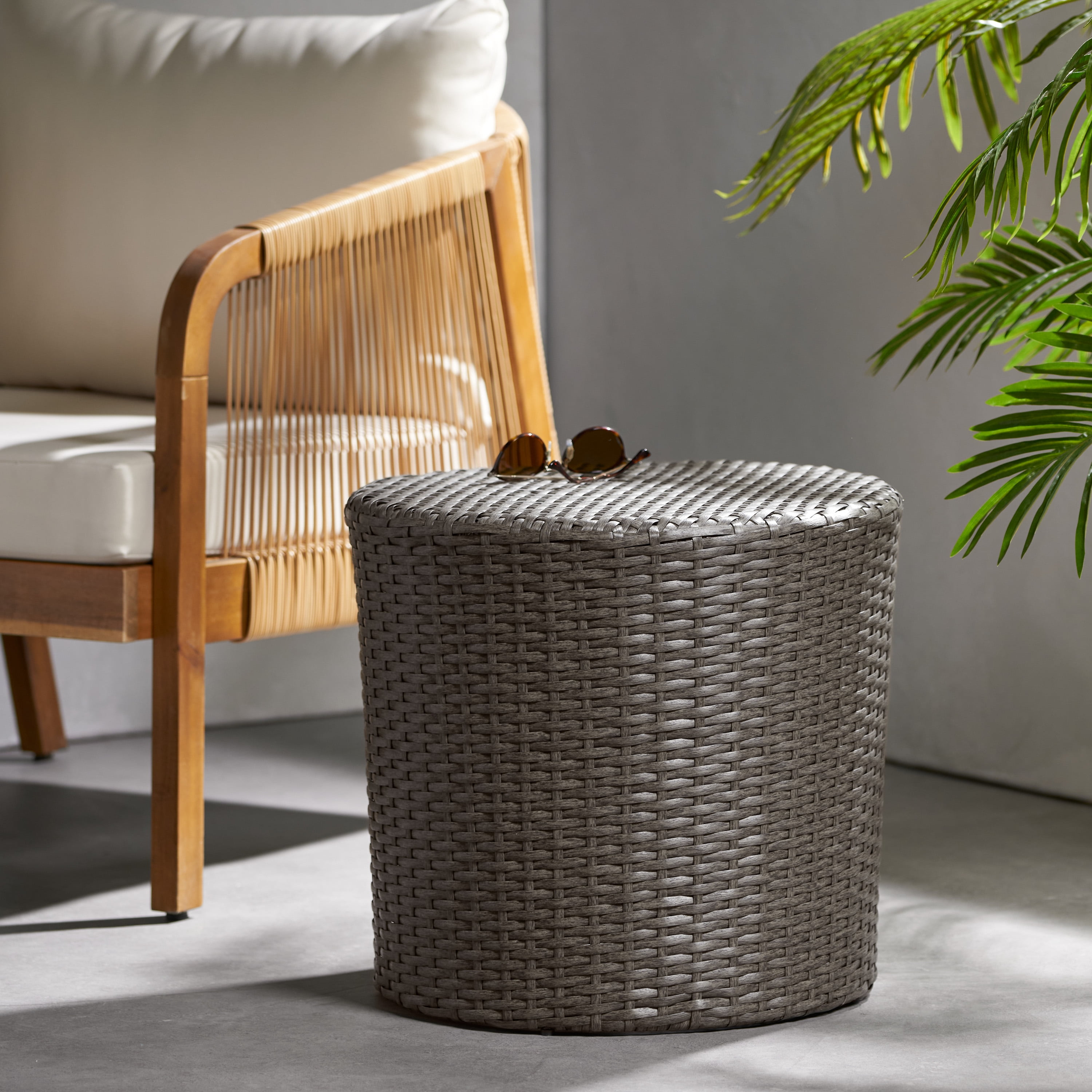 Kelley Wicker Barrel Side Table, Dark Grey
