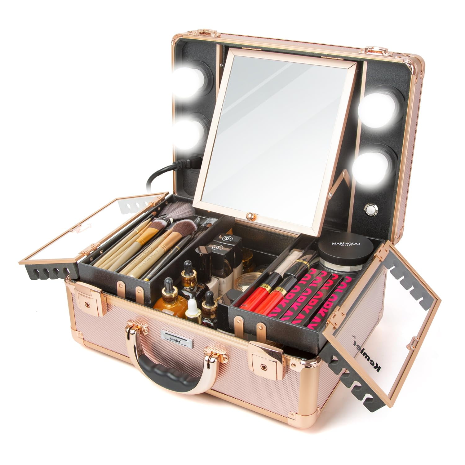 Kemier Makeup Train Case - Cosmetic Organizer Box Makeup Case with Lights and Mirror / Makeup Case with Customized Dividers / Large Makeup Artist Organizer Kit (Rose Gold)