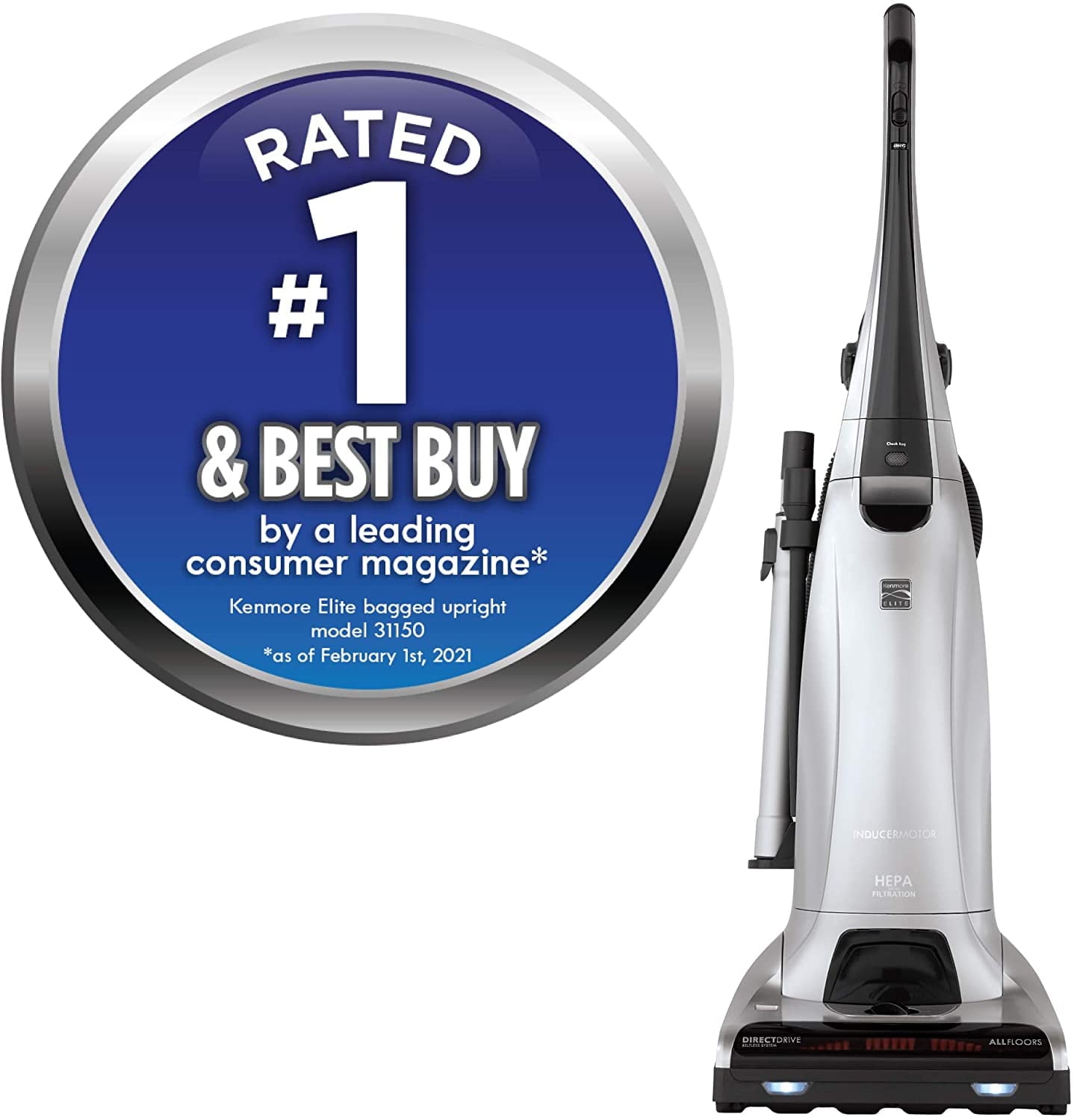 Kenmore Elite 31150 Beltless Pet Friendly Bagged Upright Vacuum, 22.62lbs - Silver