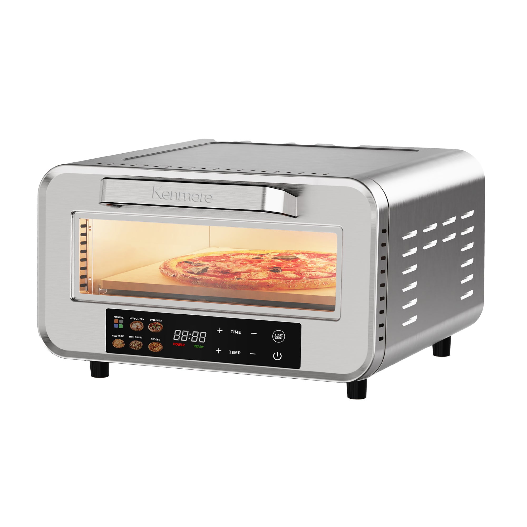 Kenmore Indoor Electric Pizza Oven - Cook 12" Pizza In Minutes | Heats To 750°F For Wood Fired Taste | Portable Countertop Pizza Maker | 5 One-Touch Presets | Pizza Stone & Peel | Stainless Steel