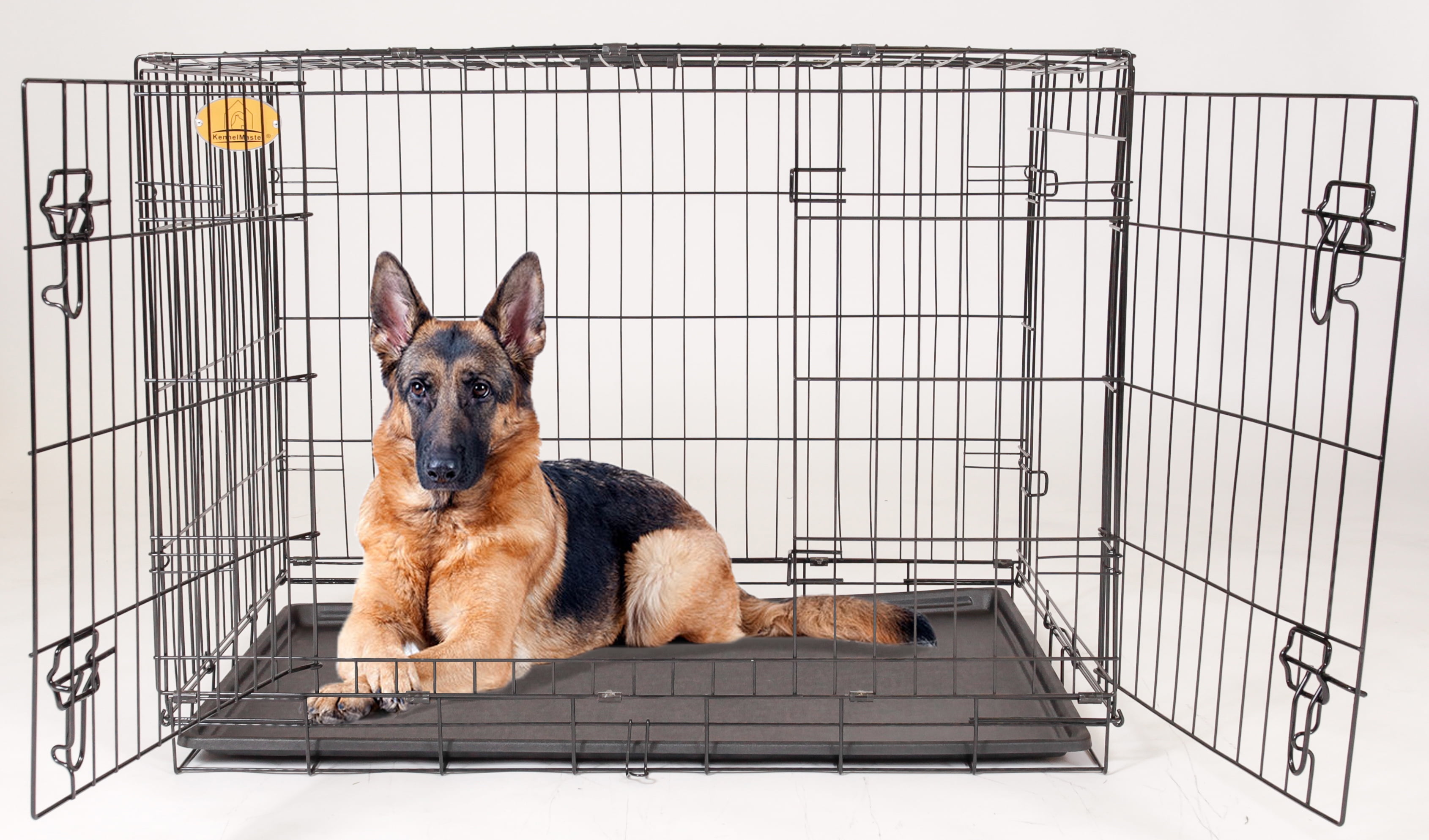 KennelMaster Large Double Door Folding Wire Dog Crate with Divider and Tray, 48"L, Black