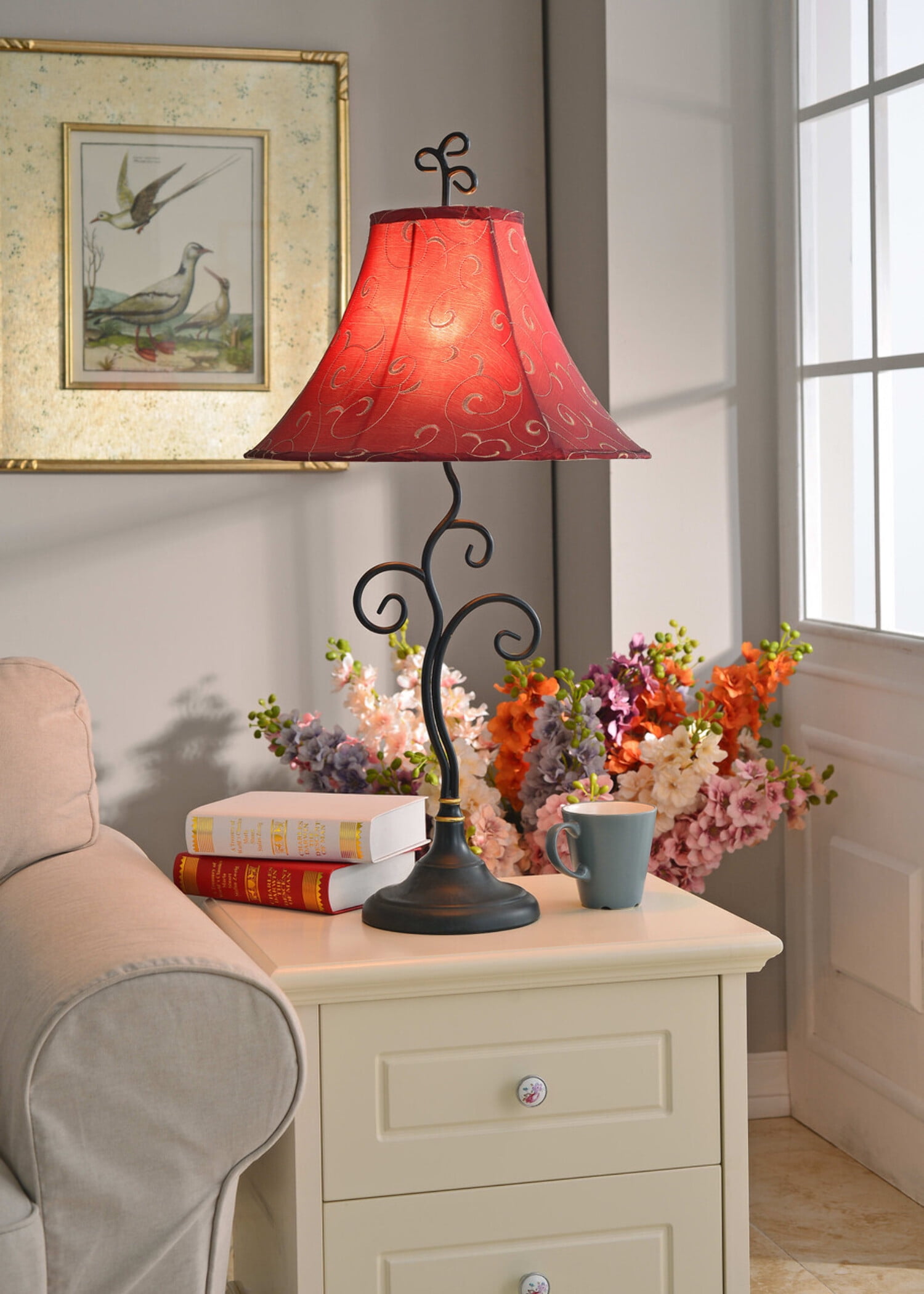 Kenroy Home Richardson 30.5'' Table Lamp with Red Fabric Bell Shade Traditional Table Light Fixture for Living Room, Bedroom, or Office, Bronze