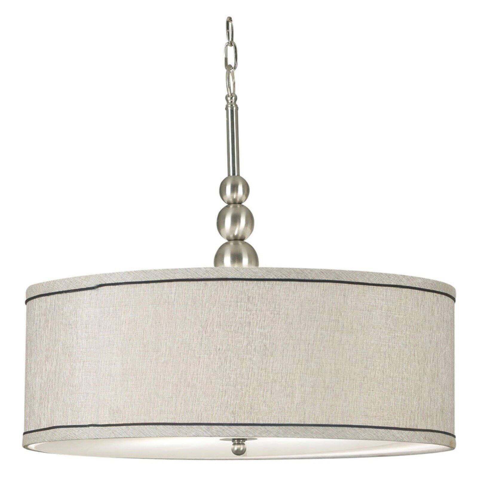 Kenroy Home Margot 22'' Pendant Light Fixture with Silver Fabric Drum Shade for Dining Room, Kitchen Table, Bathroom, Foyer, or Entryway, Brushed Steel