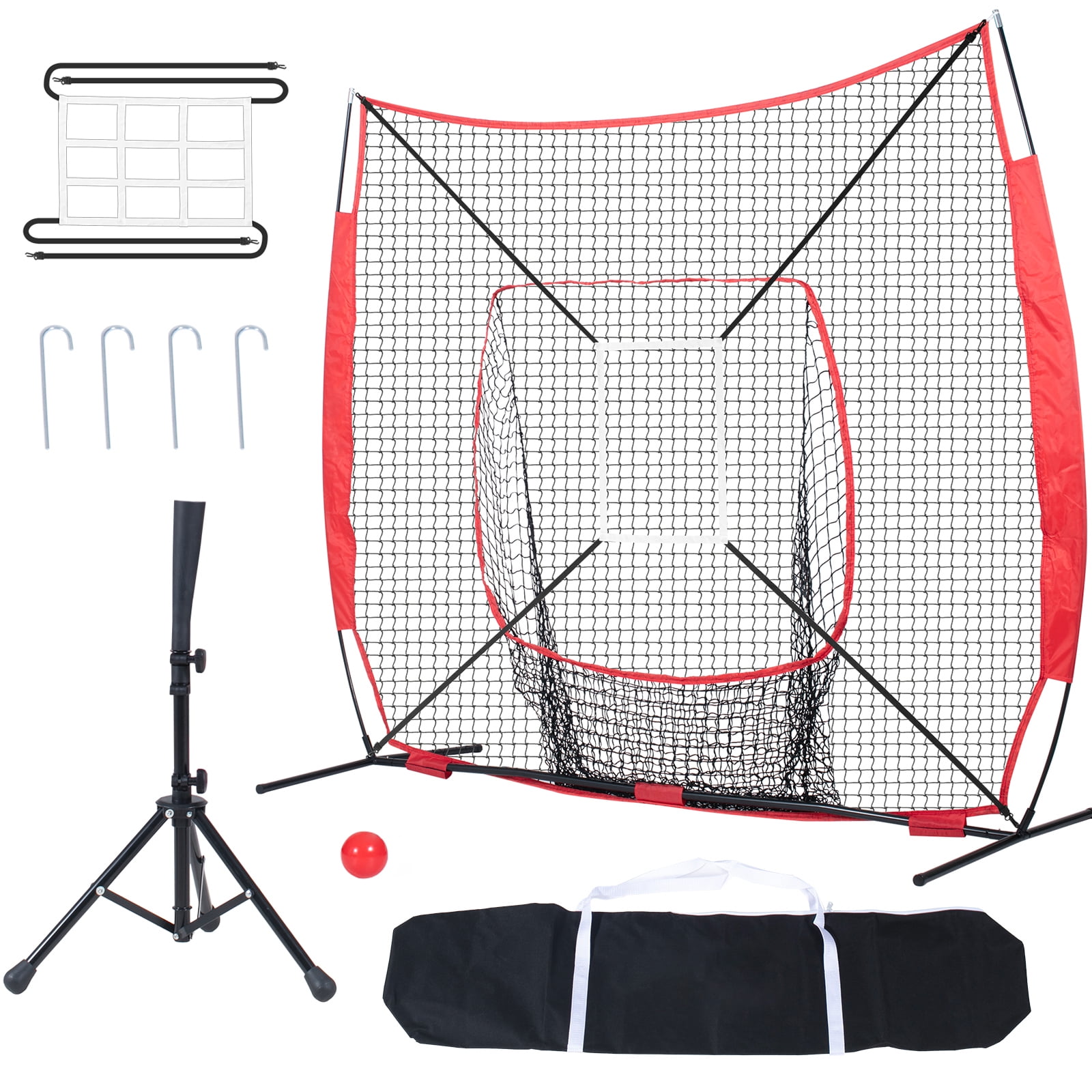 KFFKFF Baseball Softball Practice Net 7x7 ft Hitting Batting Training Net for Baseball Softball Catching or Throwing with Sandball&Batting Tee&Carry Bag