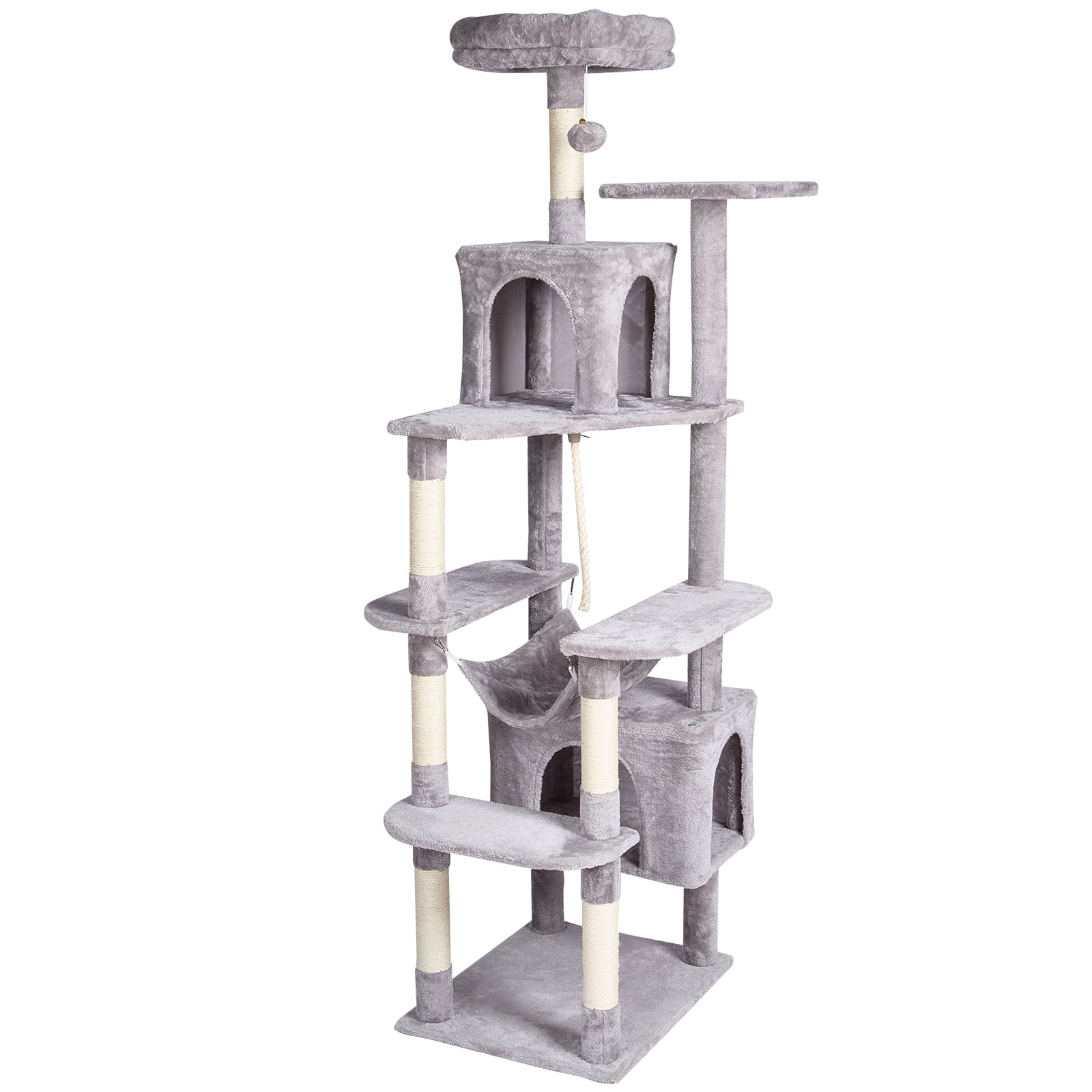 KFFKFF Cat Tree Tower 72" Indoor Cat Climbing Tower with Dual Kitty Condos, Sisal Scratch Posts, Cozy Hammock, Elevated Lookout, Play Platforms, Hanging Toy, Multi-Level Cat Playground (Light Grey)