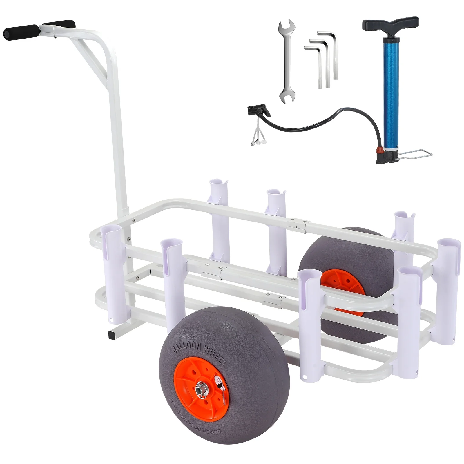 KFFKFF Coastal Fishing Trolley, Supports up to 300 lbs, Marine and Angling Cart with Pair of 13" Large PU Balloon Wheels for Sandy Terrain, Robust Aluminum Pier Cart with Eight Rod Compartments