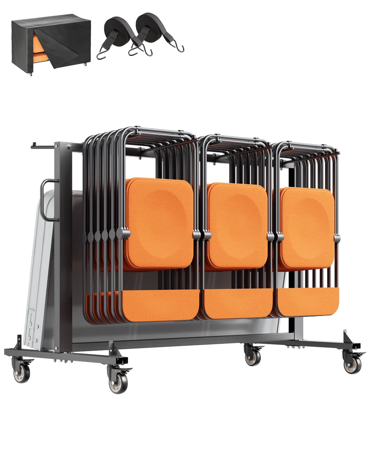 KFFKFF Collapsible Chair Stand, 400 LBS Load Limit, Robust Cart for 42 Chairs or 12 Tables, Versatile Chair Storing Trolley with Rubber Casters and Brackets, Spacious Chair Carrier, Satin Black