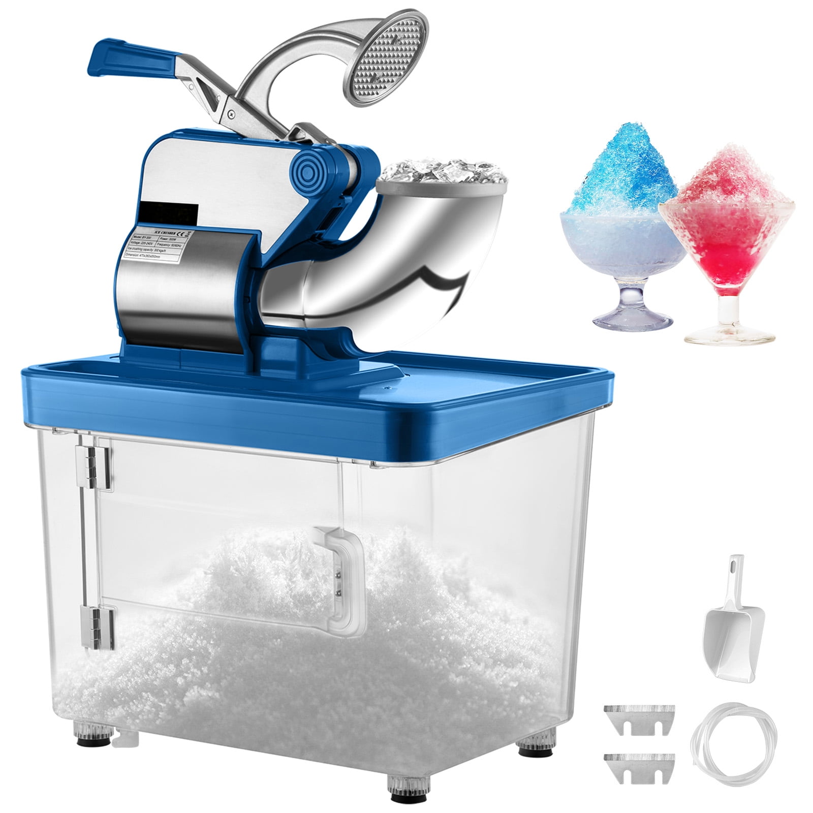 KFFKFF Commercial Ice Crusher 440 pounds/h. Electric Snow Cone Machine ETL 300W Double Blades, Stainless Steel BLUE