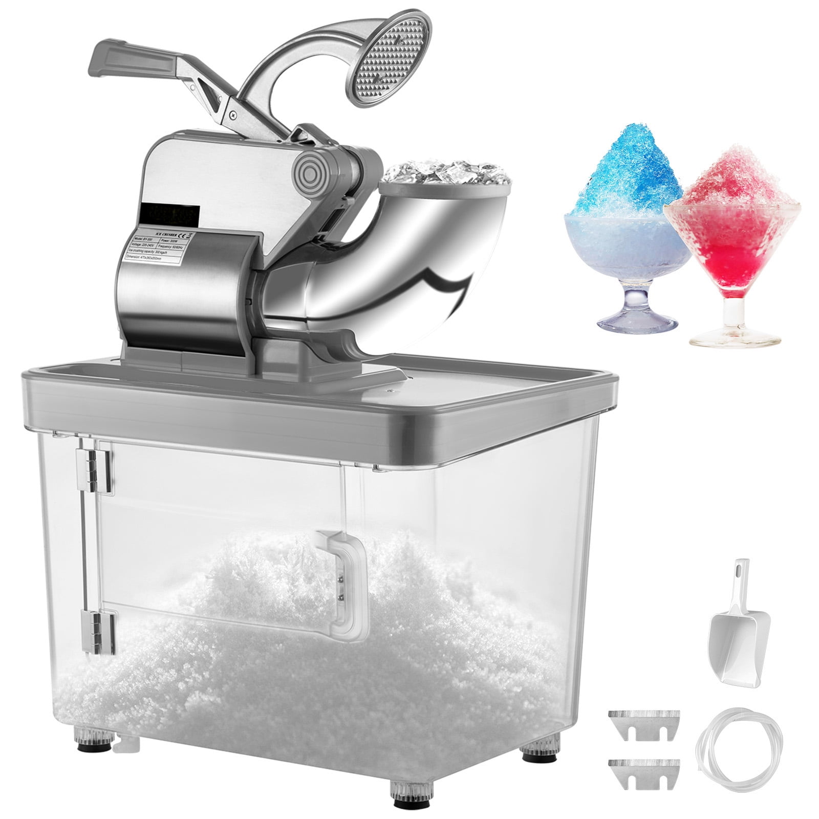 KFFKFF Commercial Ice Crusher 440 pounds/h. Electric Snow Cone Machine ETL 300W Double Blades, Stainless Steel SILVER