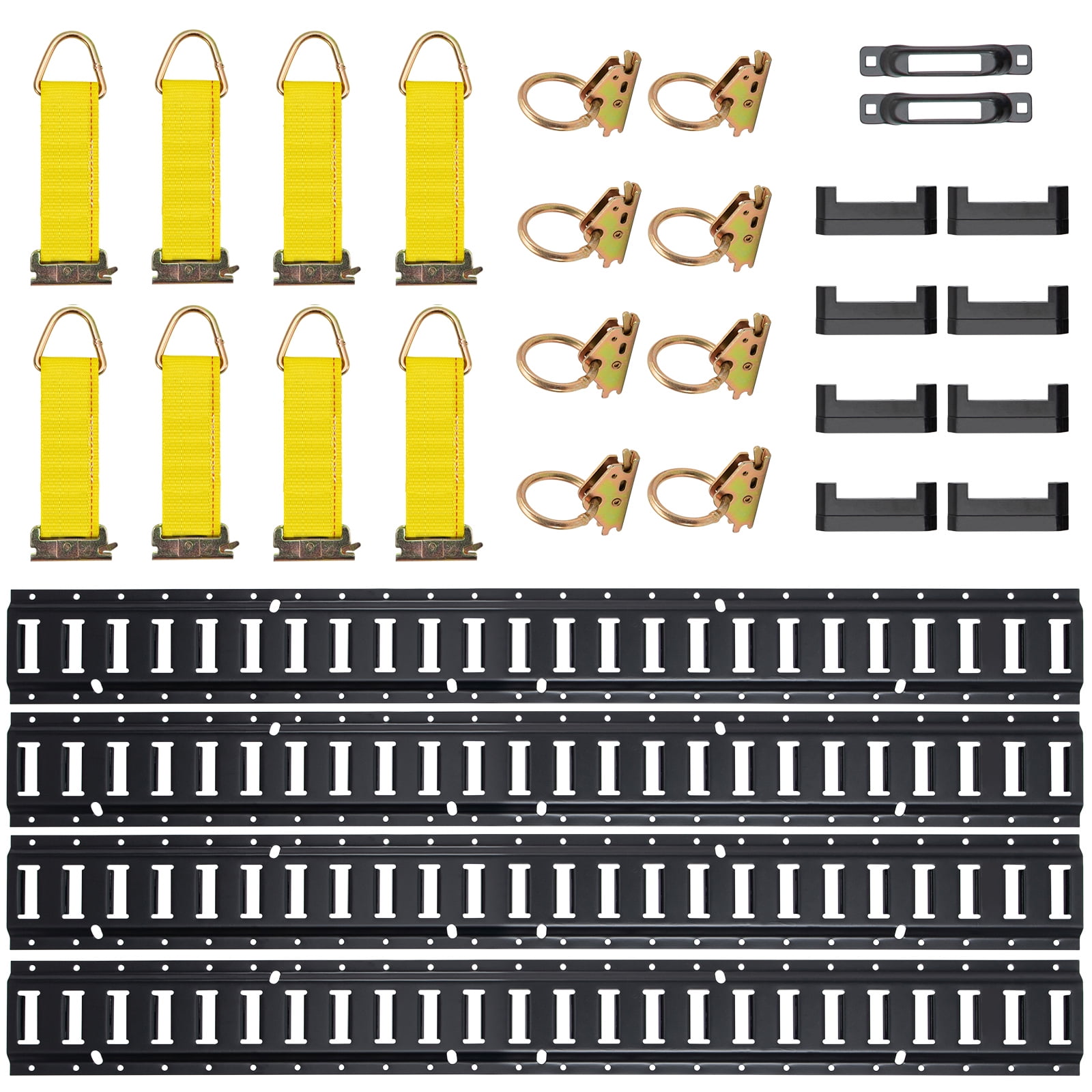 KFFKFF E Track Securing System, 30-Item 5FT E-Track Bundle Comprising 4 Metal Tracks, 2 Single Slots, 8 O Rings, 8 D-Ring Tie-Offs & 8 End Caps, Essential Fixing Tools for Cargo, Motorbikes