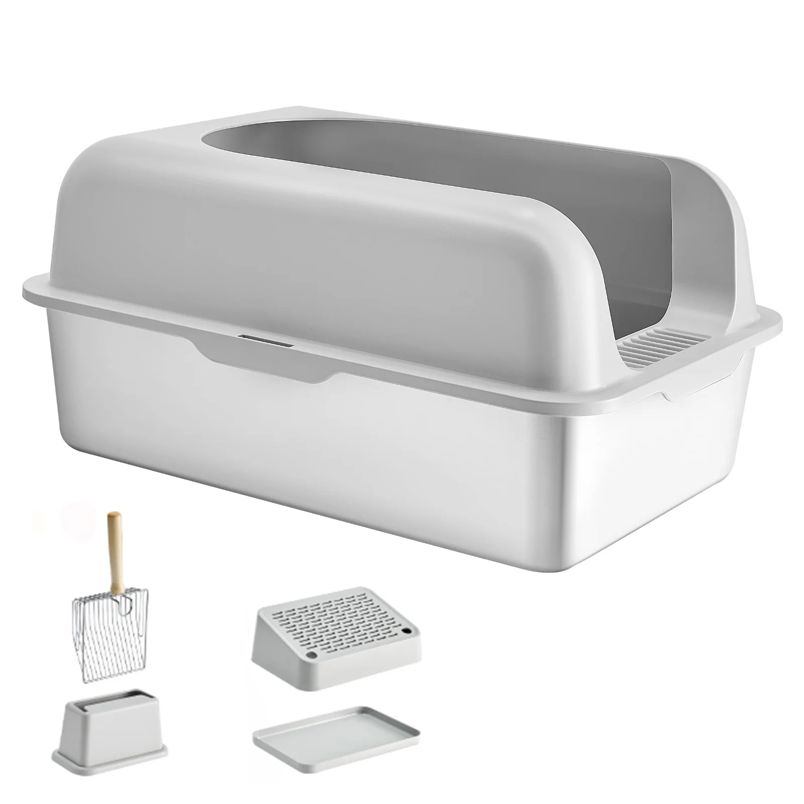 KFFKFF Feline Litter Container, Depth of 6 inches, Oversized Stainless Steel Feline Litter Container with Shovel, Broad Sieve-like Base & Tall Edges, Sealed Smell-Resistant Simple-to-Sanitize