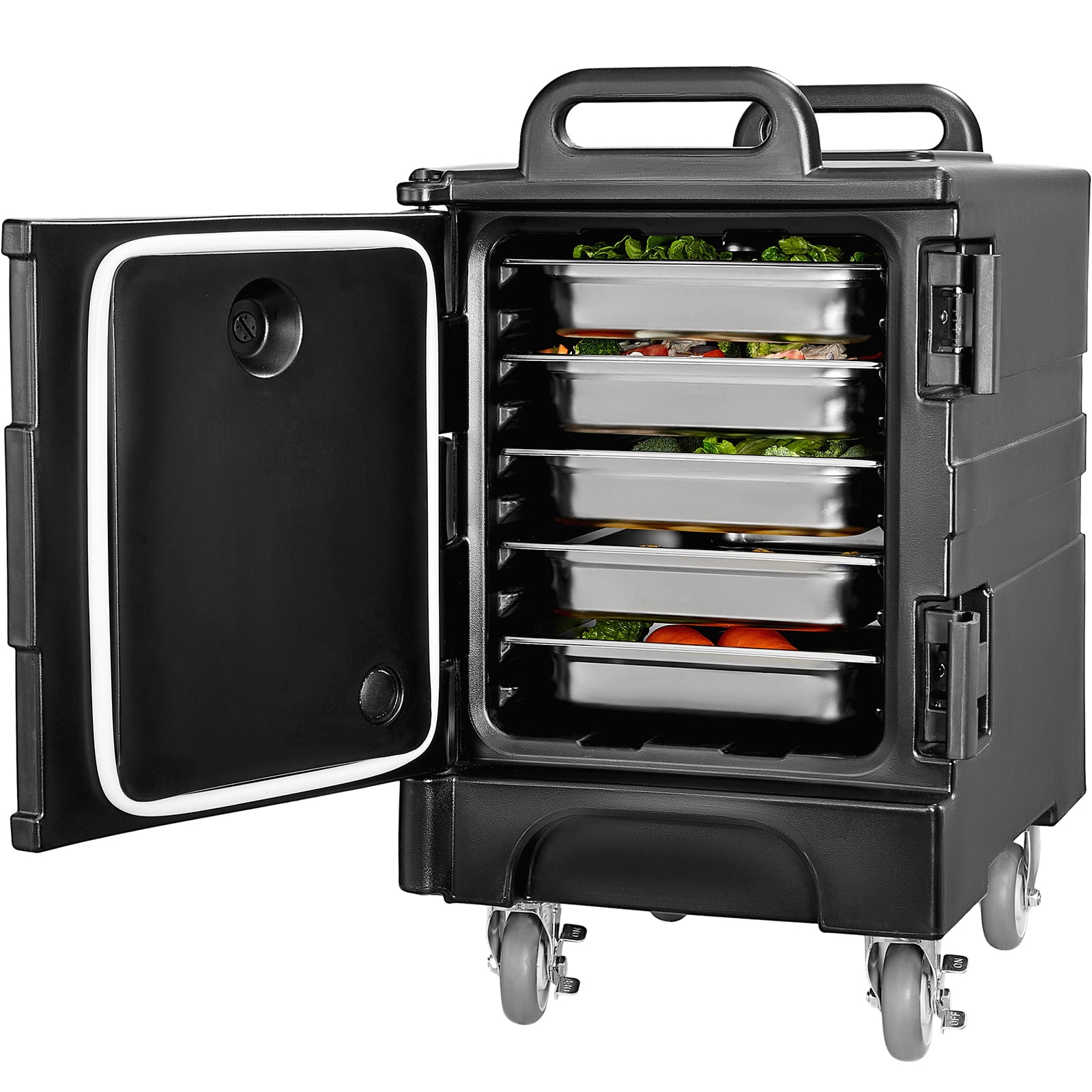 KFFKFF Food Pan Insulator, 81 Qt Catering Hot Box, Food Box Transporter with Twin Clasps, Front Access Food Heat Preserver with Grips, Stackable Side Loader with Rollers for Eatery, Cafeteria