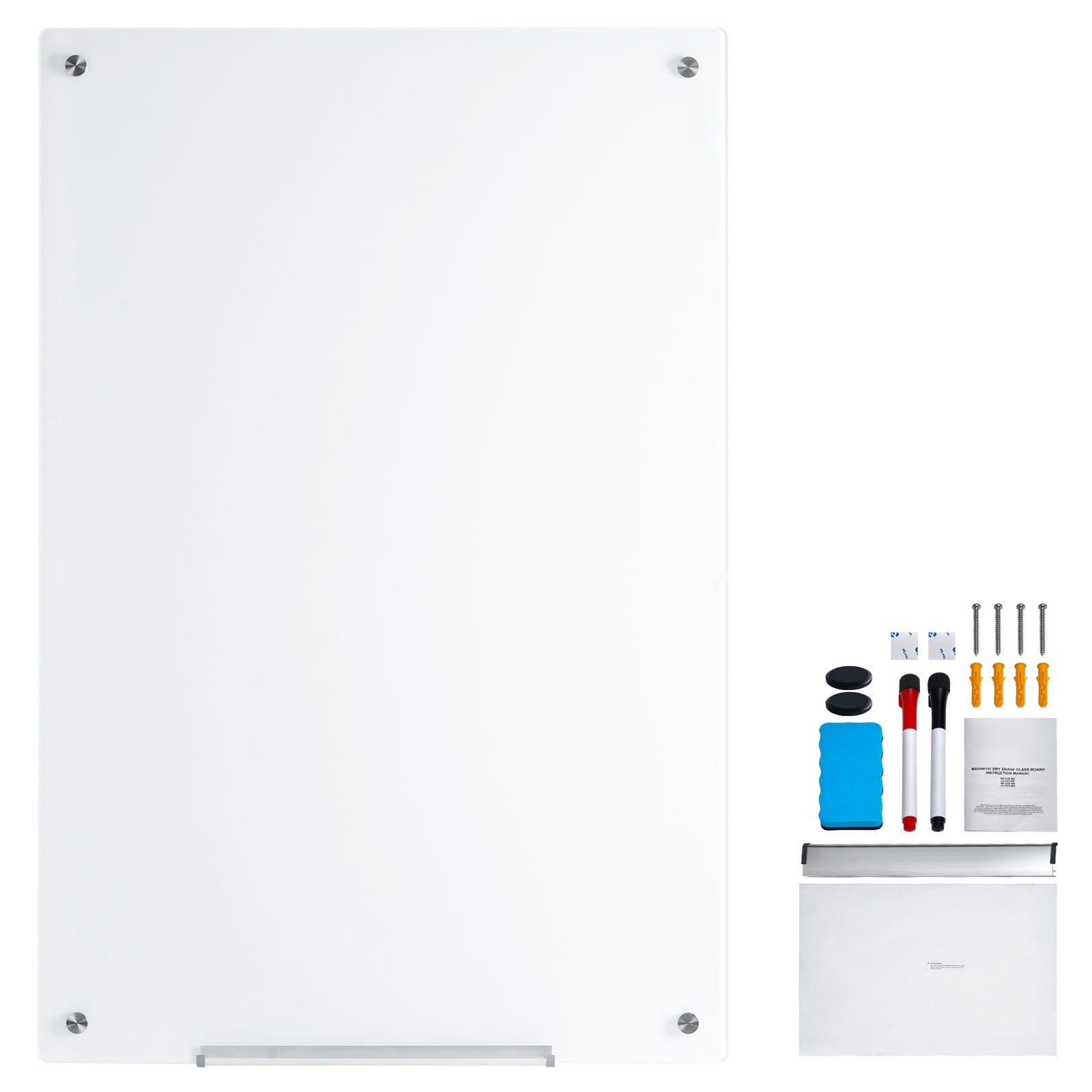 KFFKFF Glass Whiteboard with Magnetic Properties, 48"x32" Dry Erase Board, Frameless Large White Glassboard for Wall Mounting, Comes with a Tray for Markers, a Whiteboard Eraser and a Pair of Markers