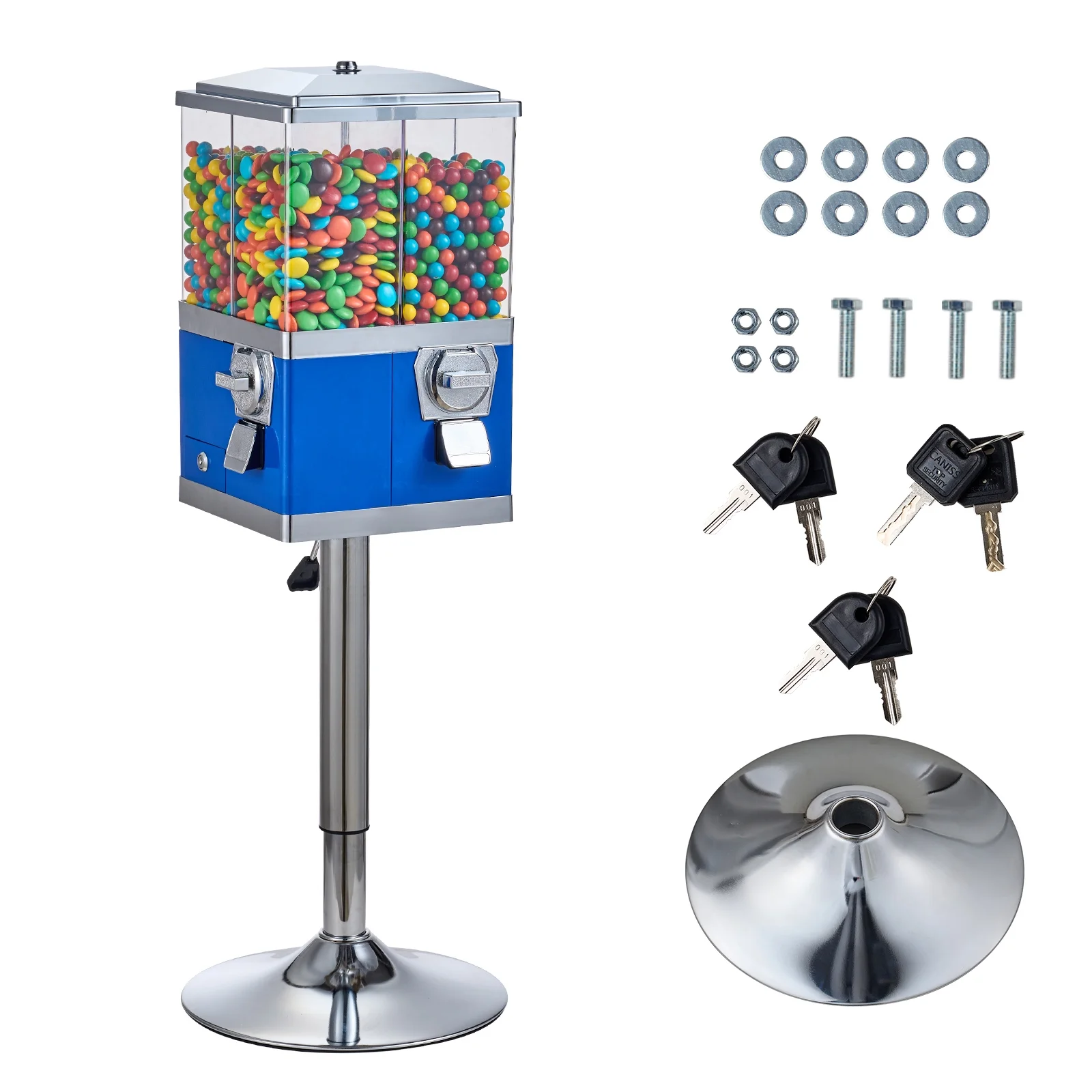 KFFKFF Industrial Candy Machine, Quad Section Swivel Sweet and Gumball Vendor, Modifiable Elevation Coin-Driven Candy Repository with Metal Base