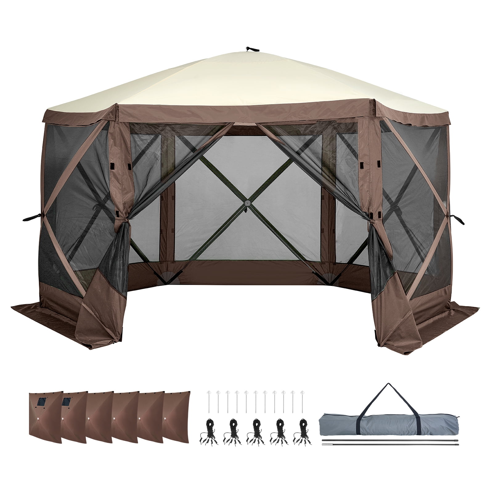 KFFKFF Instant Pavilion, 6-Sided Sunshade Structure with Detachable Wind Barriers & Ventilated Mesh Windows, 11.5x11.5FT Rapid Assembly Screen Shelter with Insect Protection, Enough for 7, Brown