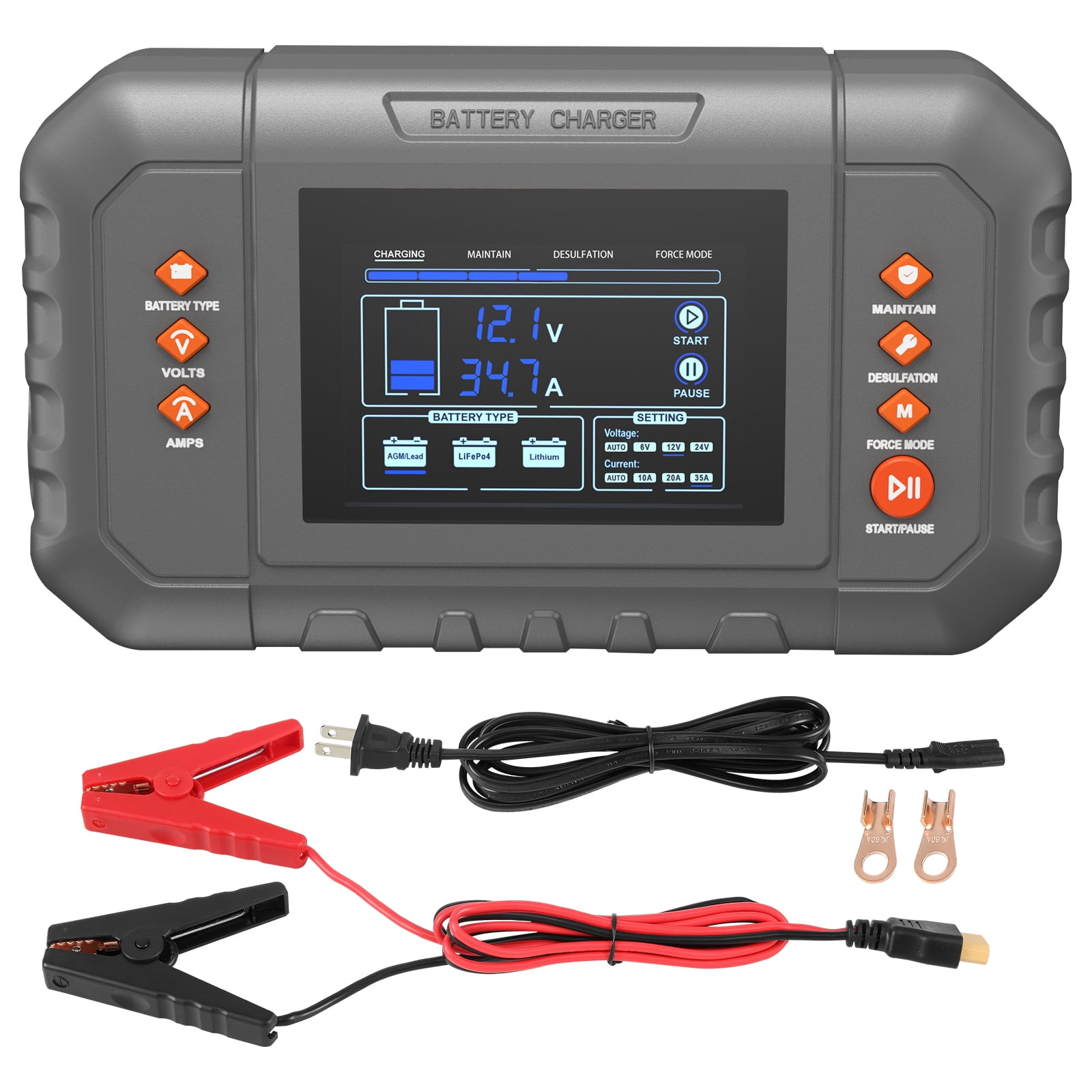 KFFKFF Intelligent Charging Unit, 35A, Supports Lithium LiFePO4 & Lead-Acid (AGM/Gel/SLA) Batteries, Features an LCD Screen, Functions as a Trickle Charger, Maintainer & Desulfator for Boats