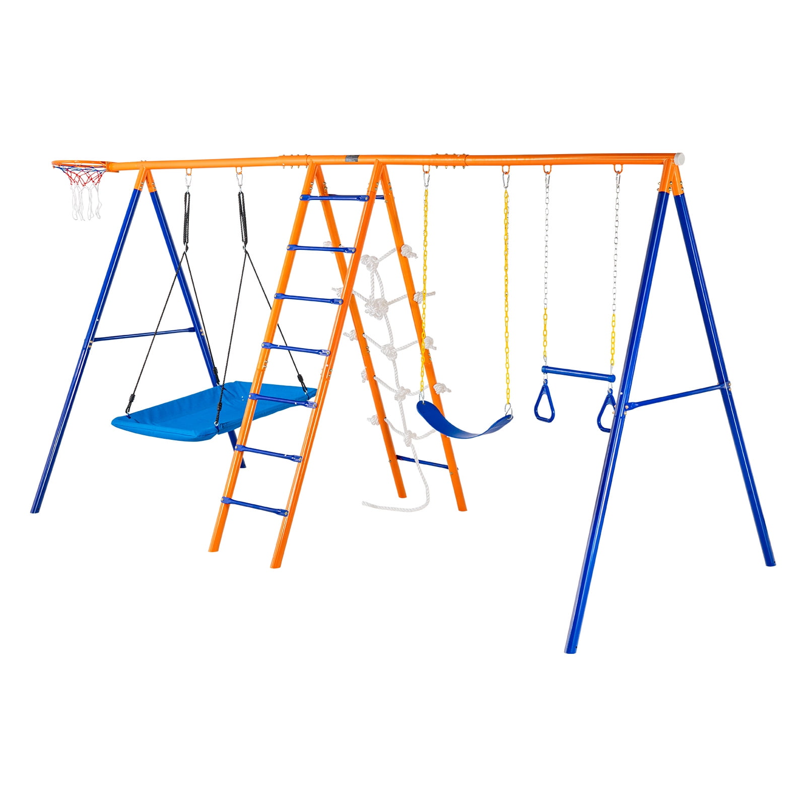 KFFKFF Outdoor Swing Set for Children, Multifunctional 6 Features Playset with Dual Swings, Gymnastic Bar, Ascending Ladder, Scramble Net, and Hoop for Basketball.