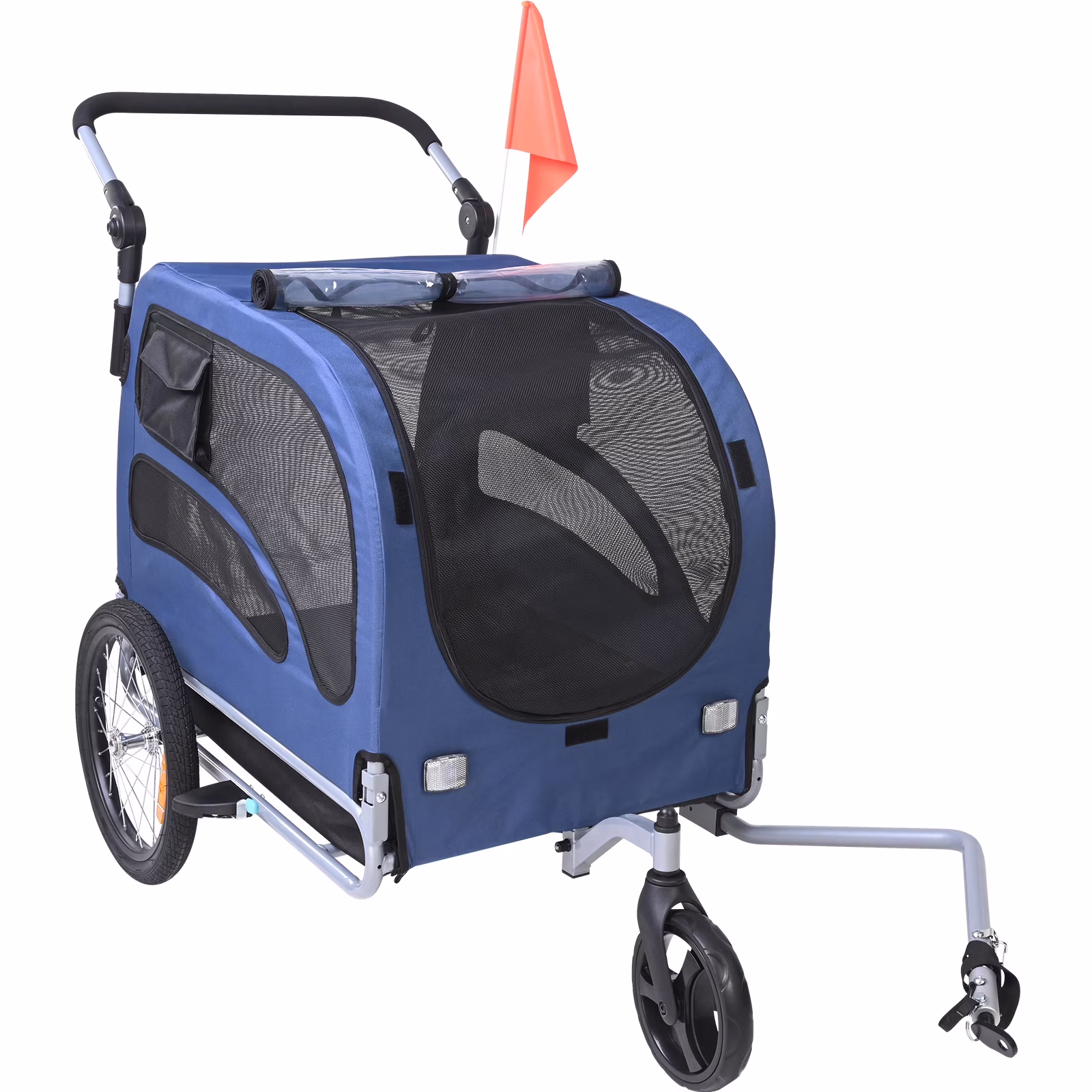 KFFKFF Pet Bike Trailer, Up to 100 lbs Capacity, Dual-Function Dog Stroller and Bike Carrier, Foldable Frame with Snap-On Wheels, Fits All Bikes, Includes Safety Flag and Reflectors, Blue/Black