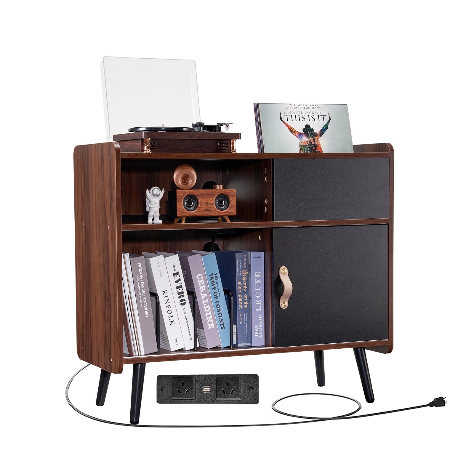 KFFKFF Phonograph Stand with Electrical Socket, Capable of Storing 350 LPs, Turntable Table with Retro Vinyl Record Storage, Ideal for Lounge, Bedroom, in a Rich Brown Shade