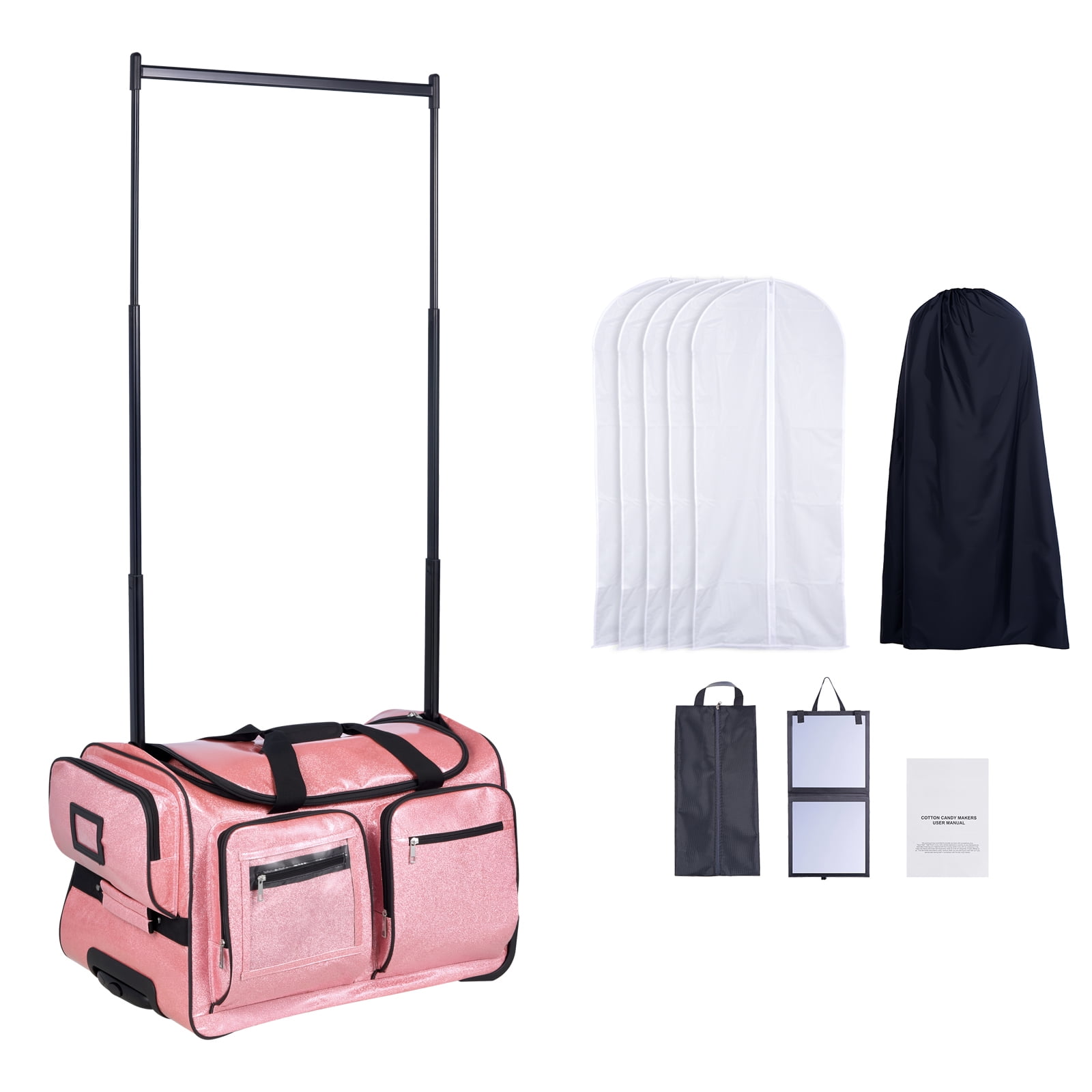 KFFKFF Rolling Dance Duffel with Garment Rack, 23-Inch Travel Bag, Adjustable Clothes Rack, USB Port, Privacy Curtain, Perfect for Competitions and Travel, Sparkling Pink