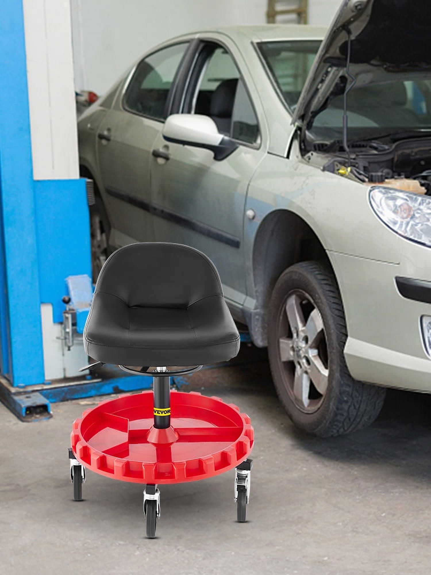 KFFKFF Shop Stool, 400 lbs Rolling Garage Stool Adjustable Height Mobile Rolling Gear Seat, Round Tray Garage Pneumatic Stool, All-Terrain 5" Casters with Two Brakes Mechanic Seat