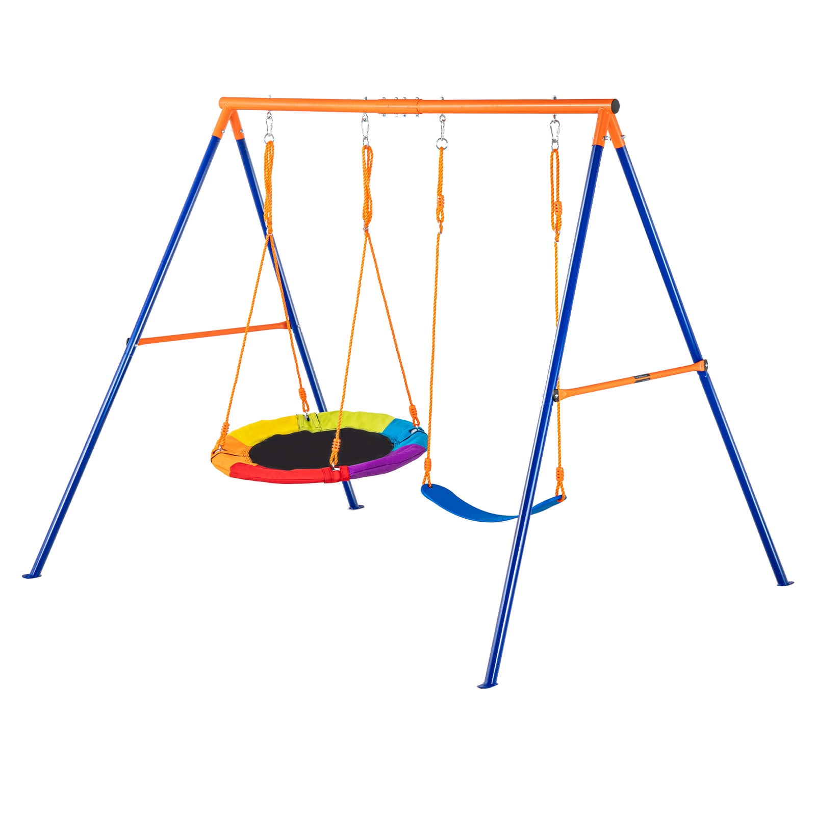 KFFKFF Swing Sets for Backyard, Swing Structure with 440lbs Weight Limit, Includes 1 Disk Swing, 1 Strap Swing, Robust A-Frame Metal Stand and Modifiable Cord, Backyard Swing Set for Children