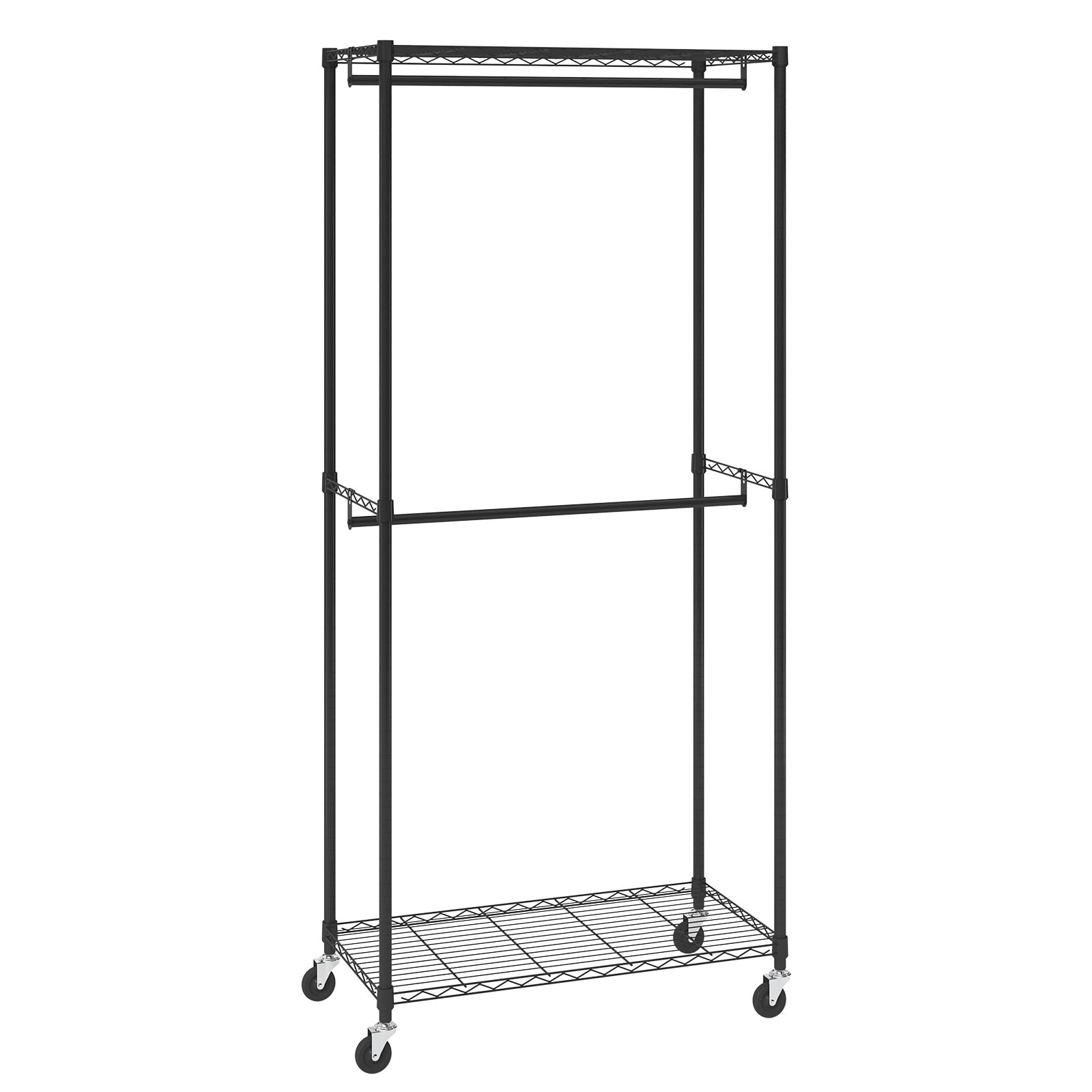 KFFKFF Sturdy Apparel Rack, Dual Rods for Garments with Upper and Lower Shelving, Mobile Wardrobe on Wheels, 1'' Thick Steel Construction Supports Up to 300Lbs