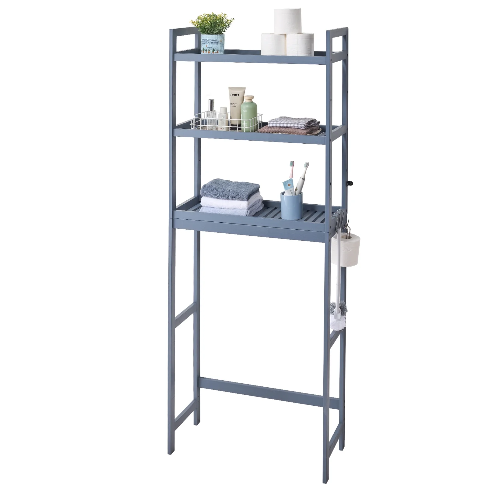 KFFKFF Above Toilet Shelving, 3-Level Bamboo Bathroom Shelf with Adjustable Heights, Includes 3 Hooks, Standalone Assembly for Space Optimization, Compatible with Various Toilets, Gray