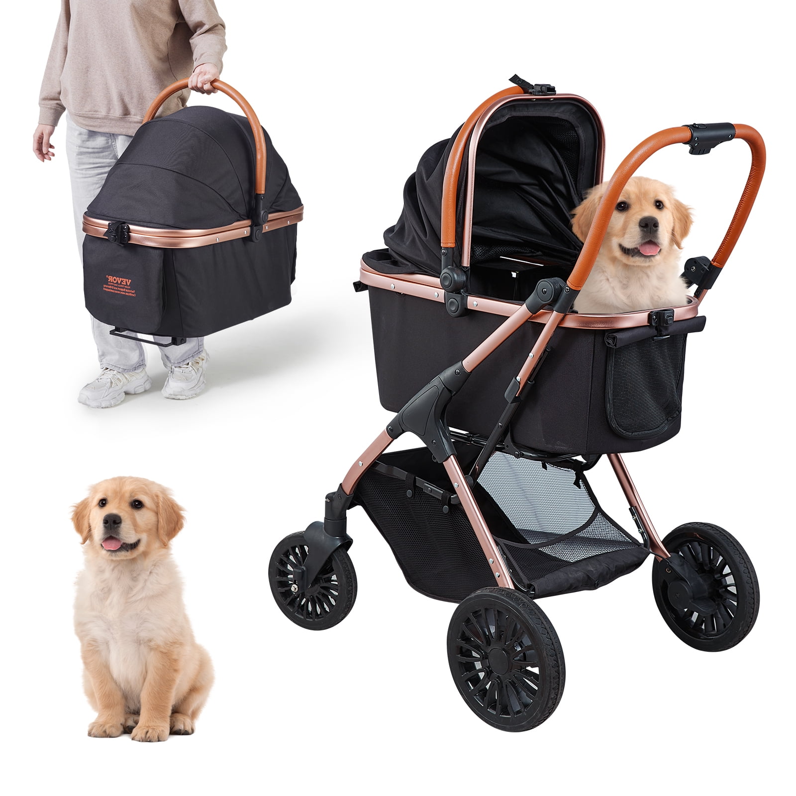 KFFKFF 3-in-1 Pet Stroller, 4 Wheels Foldable Premium Multifunction Dog Stroller with Storage Basket, 66 lbs Weight Capacity, Black