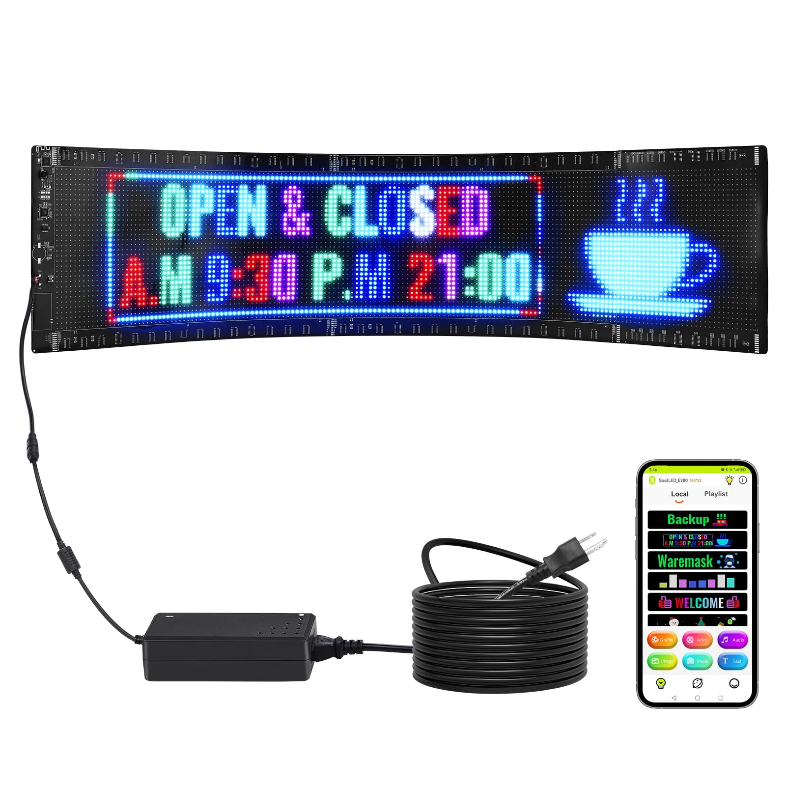 KFFKFF 32.9"x8" Programmable LED Sign, P5 Full Color LED Scrolling Panel, DIY Custom Text Animation Pattern Display Board, USB Bluetooth APP Control for Car Windows, Storefront, Bar