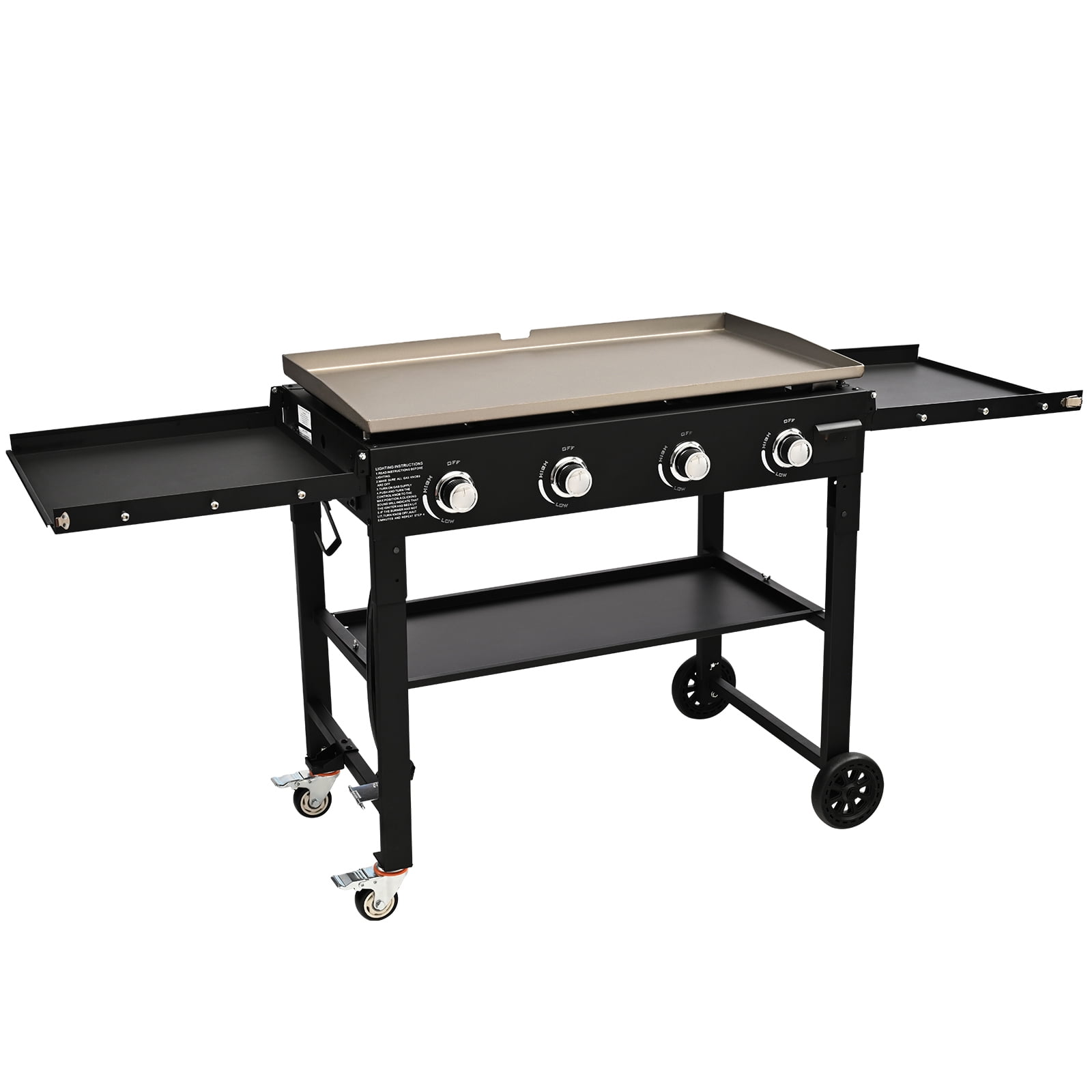 KFFKFF 4-Burner Propane Gas Grill, 36" Large Baking Pan Countertop Commercial Gas Griddle Flat Top Grill Hot Plate Restaurant Cart Folding Grill 60,000 BTU