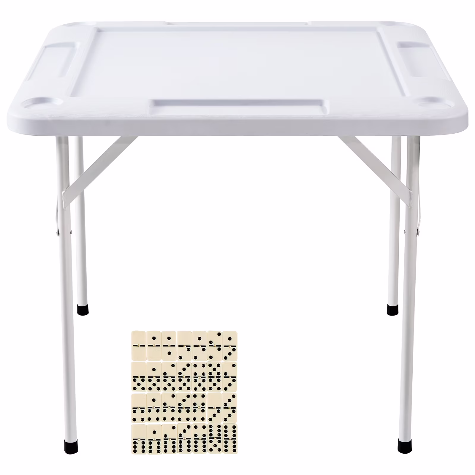 KFFKFF 35.4'' Foldable Multifunctional Square Game Table Portable Domino Game Table with 4Cup Holders/4 Chip Trays/Dominoes for Mahjong Poke Puzzles for Mahjong Poker Game and Dice Game,White