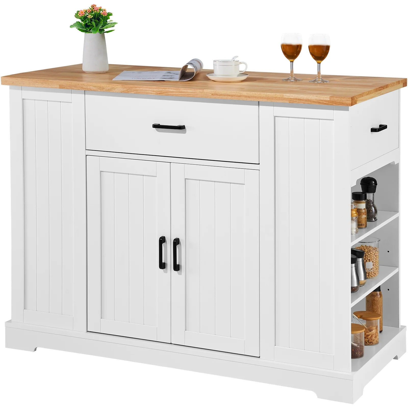 KFFKFF 46" Kitchen Island Cart with Storage, Wooden Countertop Utility Cart with Adjustable Shelving, Drawer, Ideal for Dining Area, Living Space, White