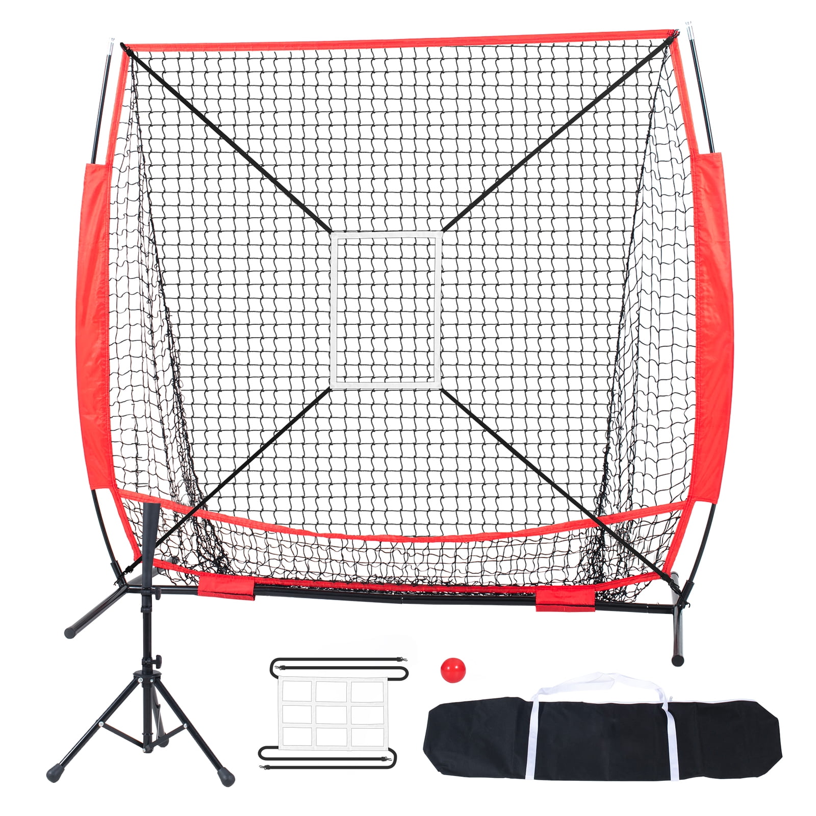 KFFKFF 5x5 FT Portable Baseball Softball Practice Net Set Hitting Batting Multiple Accessories including Bag & Sand-Filled Ball &Square/nine-grid Target Frame &Batting Tee