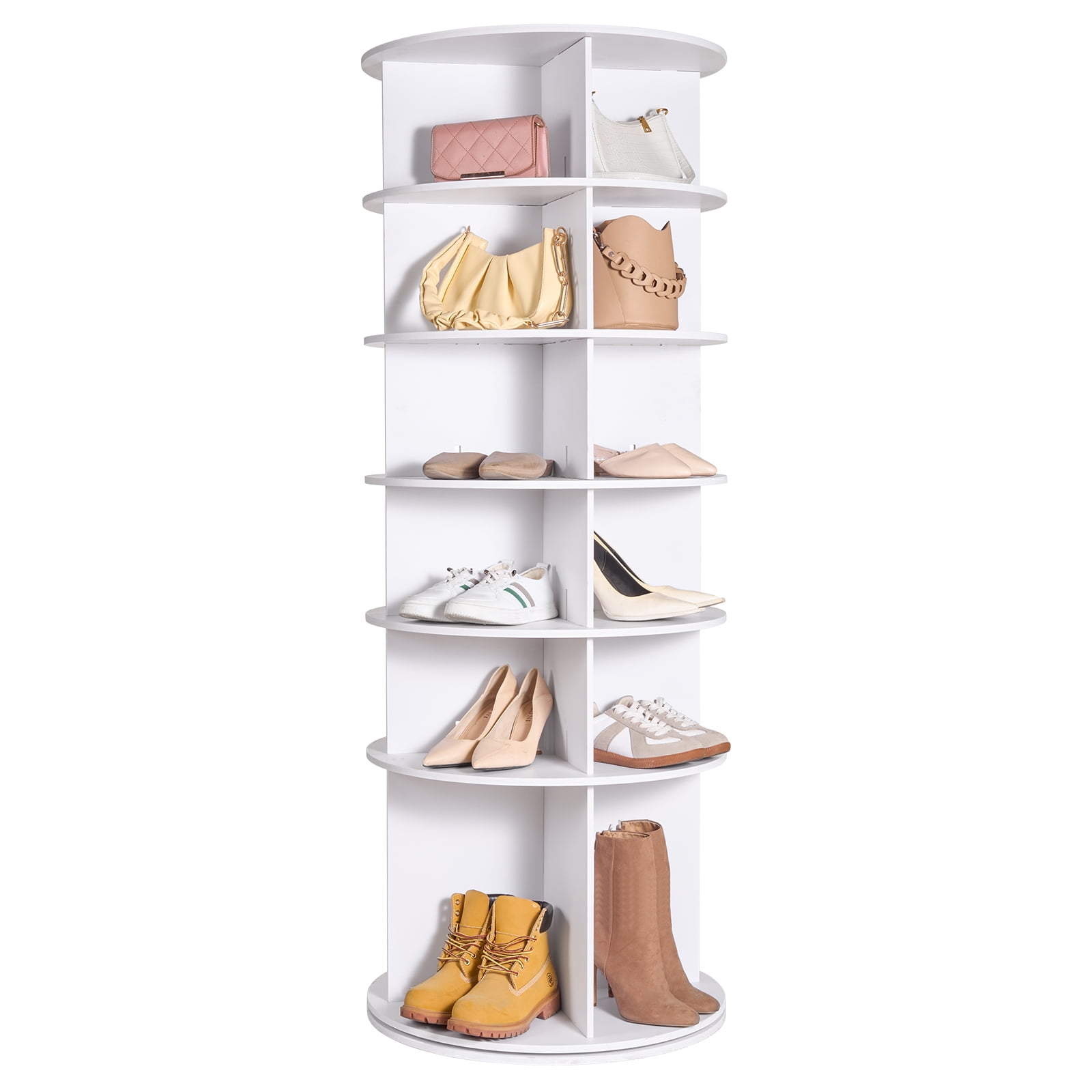 KFFKFF 6-Level Circular Shoe Rack, 360° Rotational Footwear Display, Round Shoe Storage Carousel, Convenient Shoe Organization System, Perfect for Bedroom, Lounge, Hallway, White