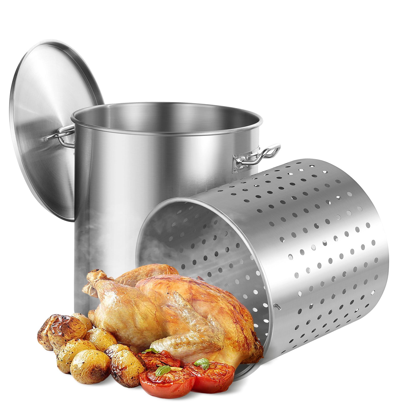 KFFKFF 64 Qt Silver Stainless Steel Stockpot, Cooking Pot Basket, Cover, and Handle, Commercial Kitchen Sauce Pot Stock Pot, Sanding Finish