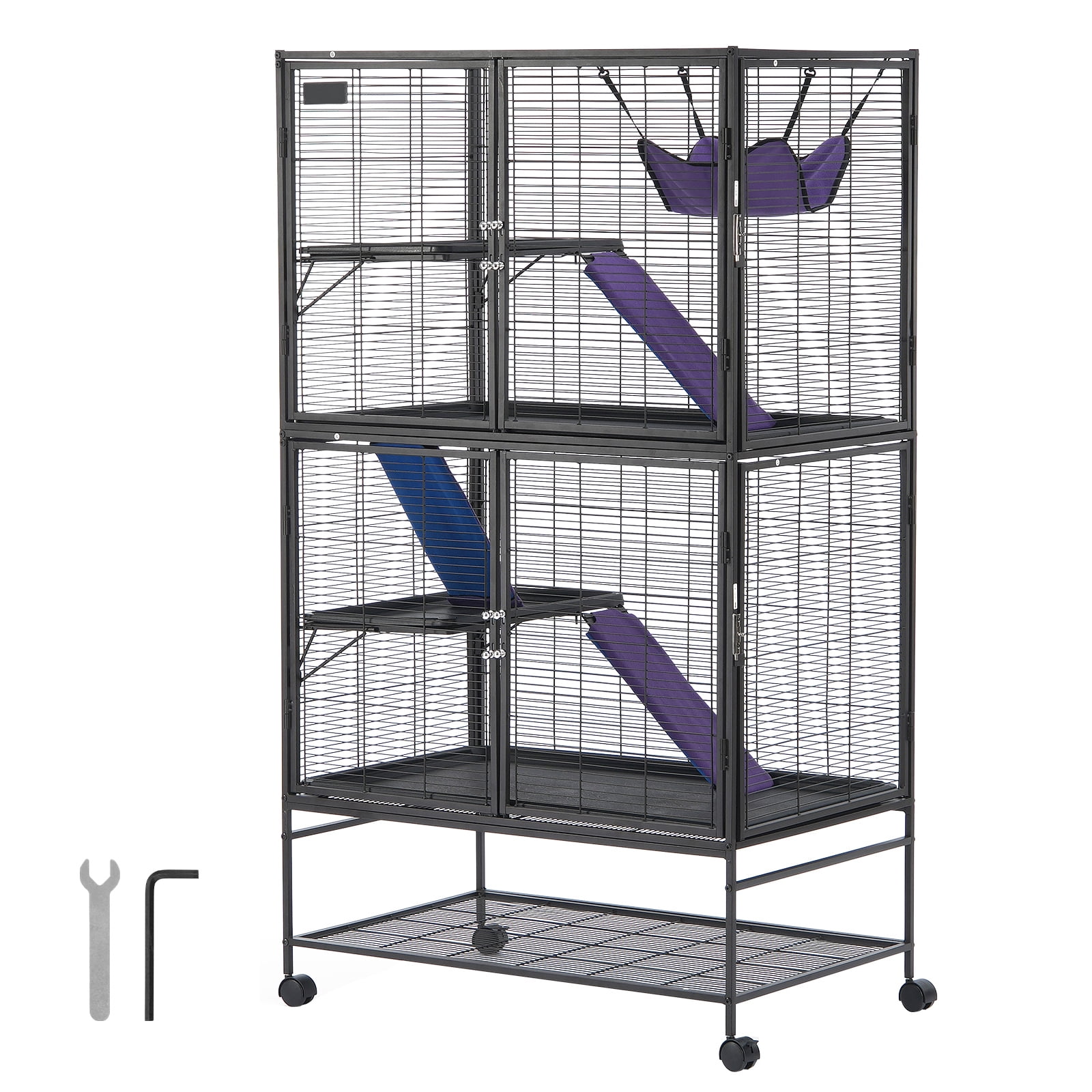KFFKFF 64.6" Metal Cage on Wheels, Spacious 4-Level Habitat for Small Pets, Includes Ramps & Tray, Simple Assembly, Ideal for Ferrets, Rats, Guinea Pigs, Chinchillas, Squirrels, Hedgehogs, Bunnies