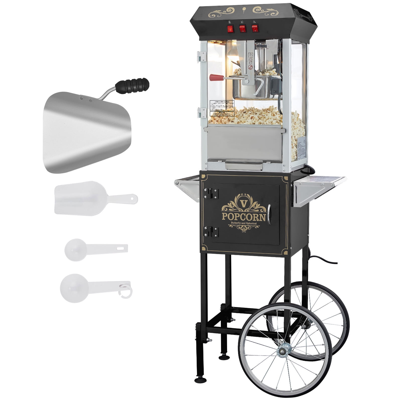 KFFKFF 8 Oz Popcorn Machine with Trolley, 850W Commercial Popcorn Maker, Pot Produces 48 Servings Each Cycle, Vintage Popcorn Cart with Hardened Glass, Comes with 4 Ladles, Black