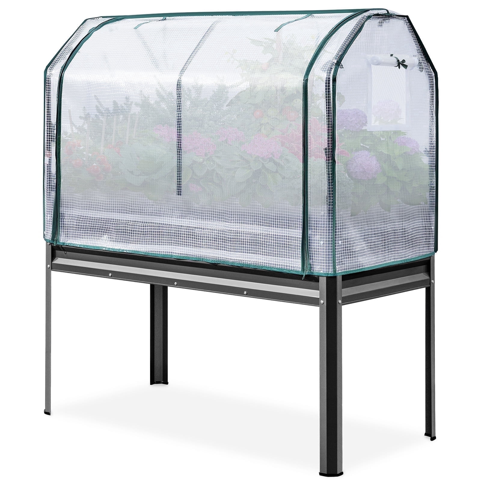 KING BIRD 47"×24"×56" Raised Garden Bed with Greenhouse, Legs Galvanized Steel Metal Elevated Garden Planter Box for Outdoor Gardening Dark Grey