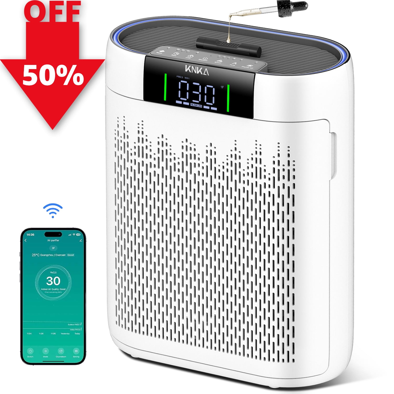 KNKA Air Purifier, HEPA Air Purifiers for Large Rooms up to 2500 Sq. ft., Air Cleaner with Air Quality Monitor, Smart WiFi, and Aromatherapy, for Allergies, Pets, Odors, Dust, Pollen, and Smoke