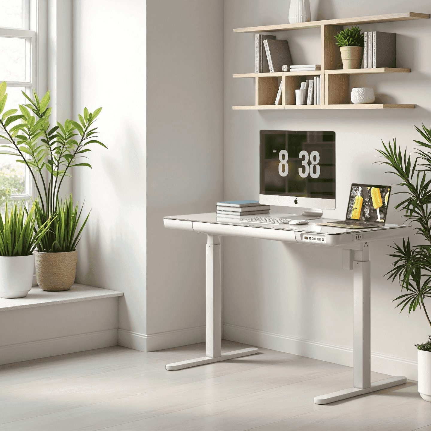 KOWO K302 Adult Tempered Glass Electric Height Adjustable Standing Desk with Drawer, 23.6 in x 47.2 in, White, 1 Pack