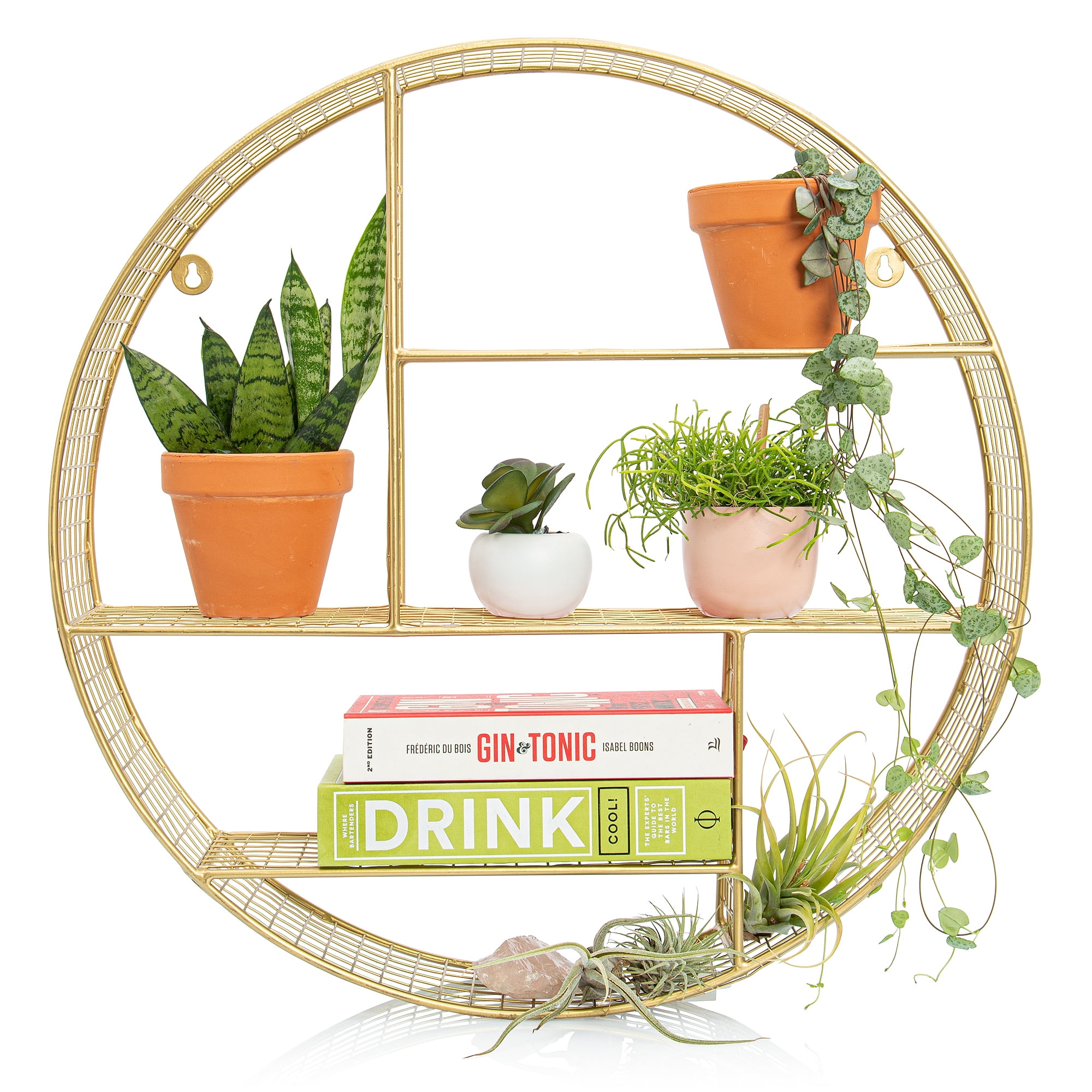 Kimisty Gold Round Circle Floating Shelves, 20 Inch Large Circular Bathroom, Bedroom Wall Shelf, Brass Geometric Wall Art, Boho Metal Wire Mesh Sconce and Crystal Shelf